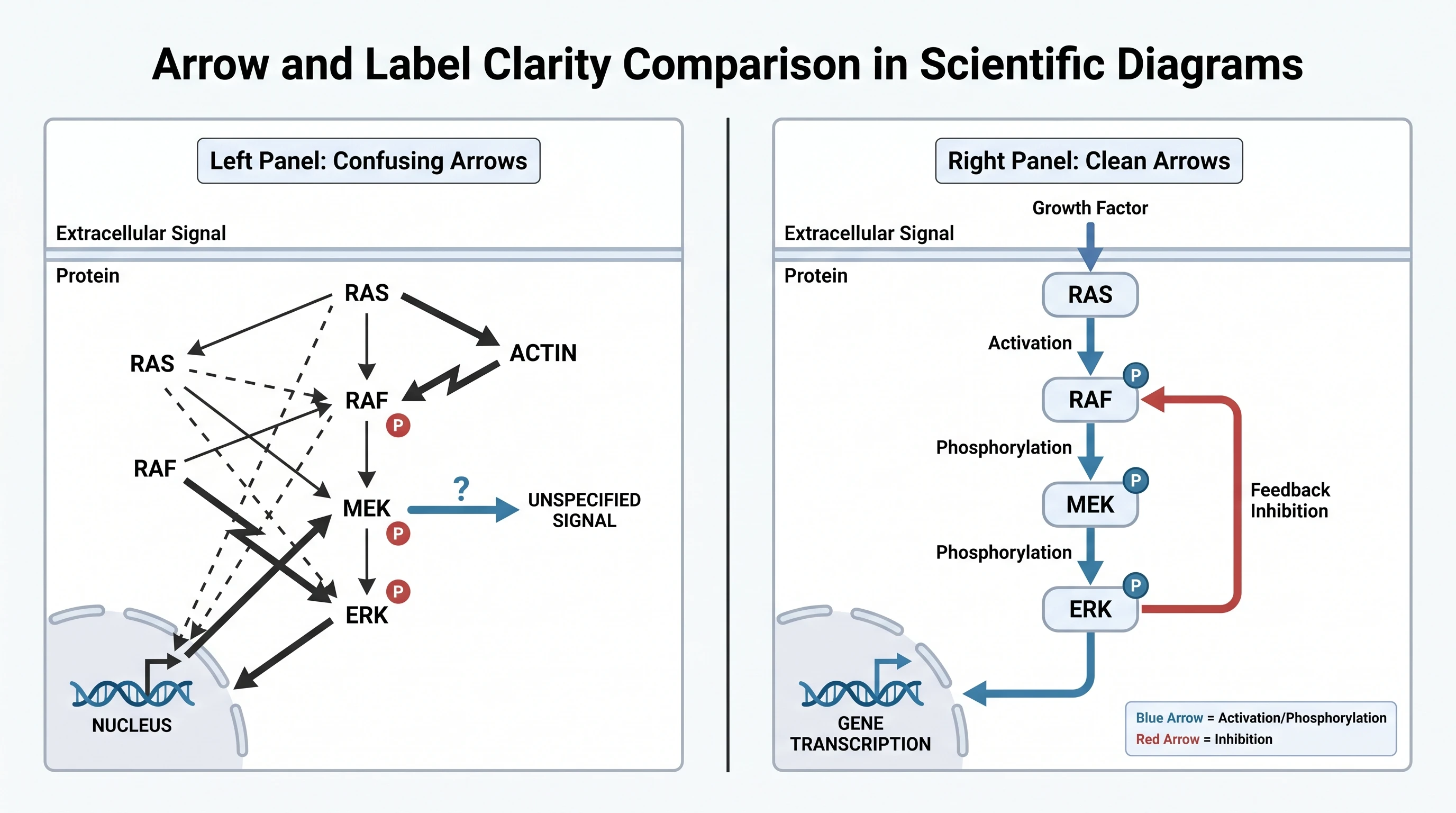 Arrow clarity comparison: confusing crossing arrows in cell signaling pathway on left vs clean color-coded directional arrows with proper arrowheads on right (Figure generated with SciFig)
