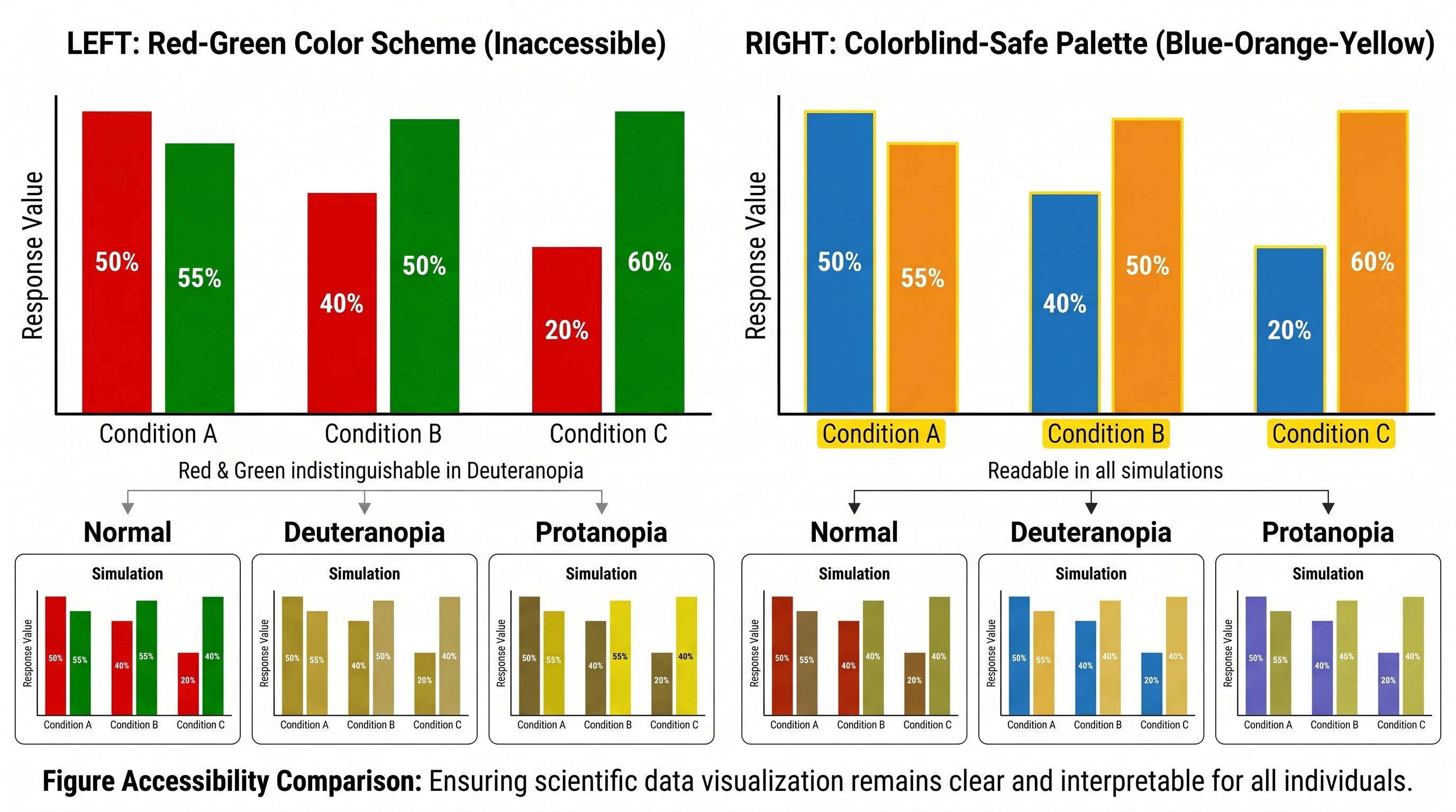 Colorblind accessibility comparison: red-green palette failing under deuteranopia vs colorblind-safe blue-orange palette readable across all vision types (Figure generated with SciFig)