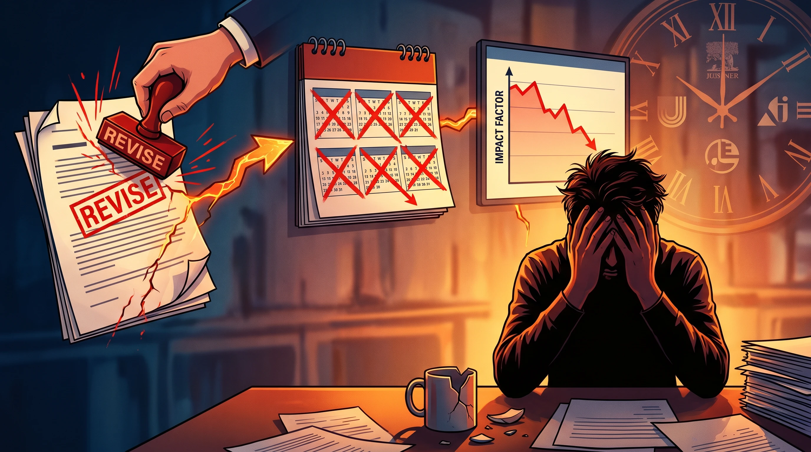 Editorial illustration of manuscript rejection cost: red REVISE stamp → 6-month delay calendar → impact factor loss graph → frustrated researcher (Figure generated with SciFig)