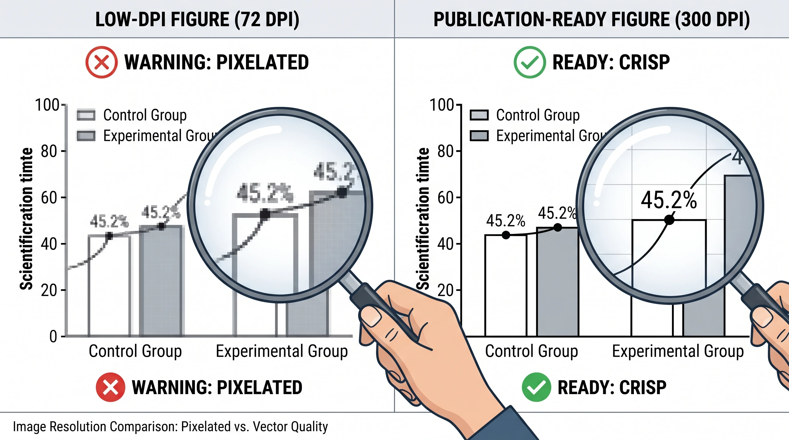 Resolution comparison: pixelated low-DPI scientific figure on left vs crisp 300 DPI publication-ready version on right with magnifying glass overlay (Figure generated with SciFig)