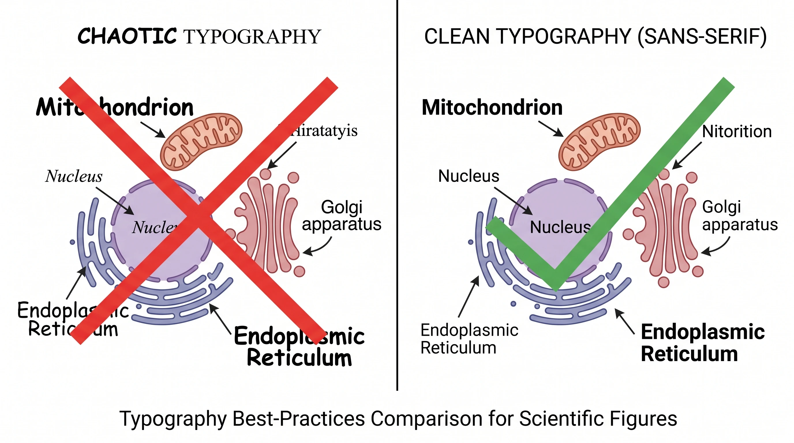 Typography comparison: chaotic mixed fonts and inconsistent sizing on left vs clean consistent sans-serif hierarchy with proper alignment on right (Figure generated with SciFig)