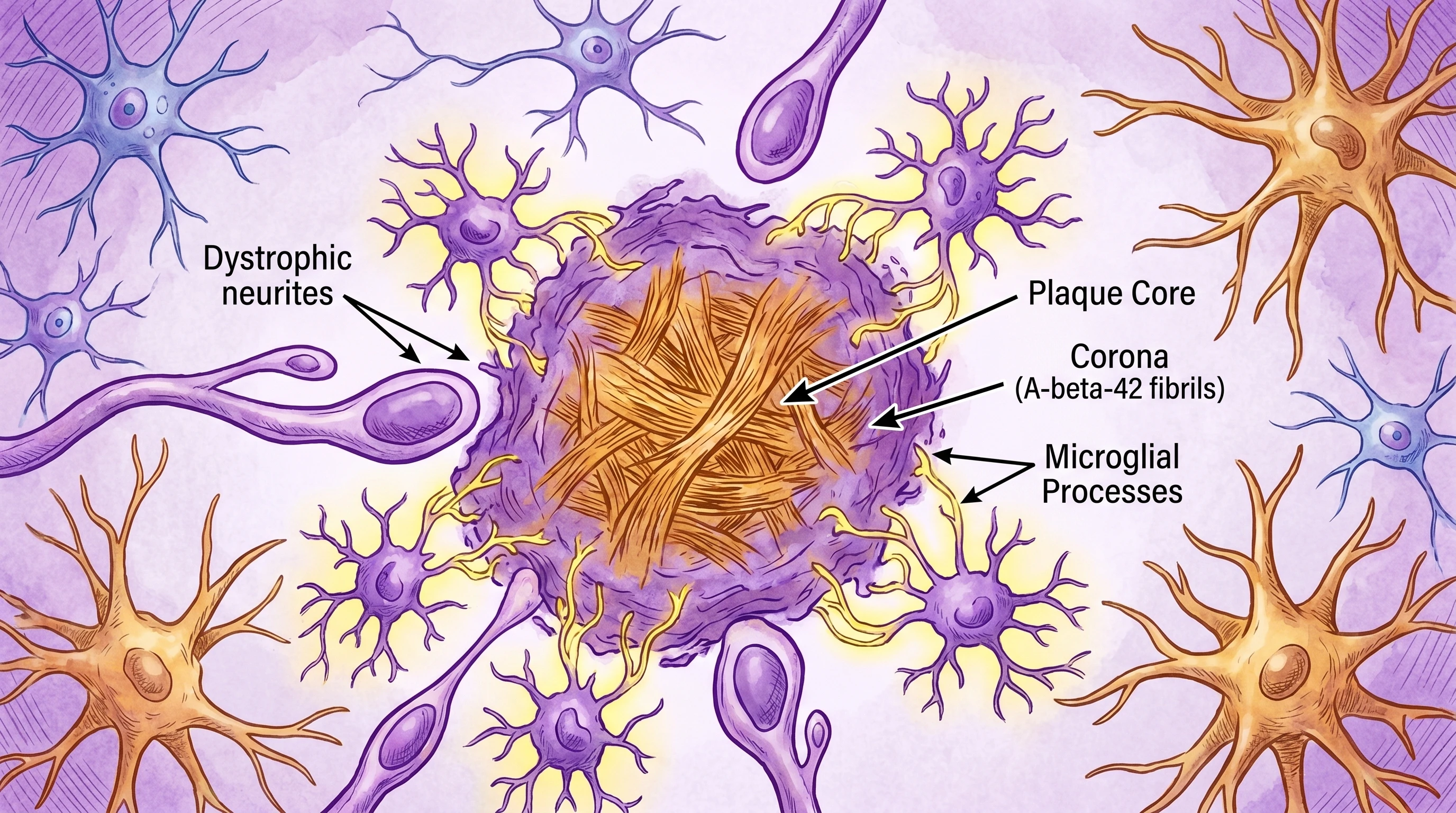 Amyloid-beta plaque pathology cross-section: dense Aβ42 core, dystrophic neurites, activated microglia engulfing plaque periphery (Figure generated with SciFig)