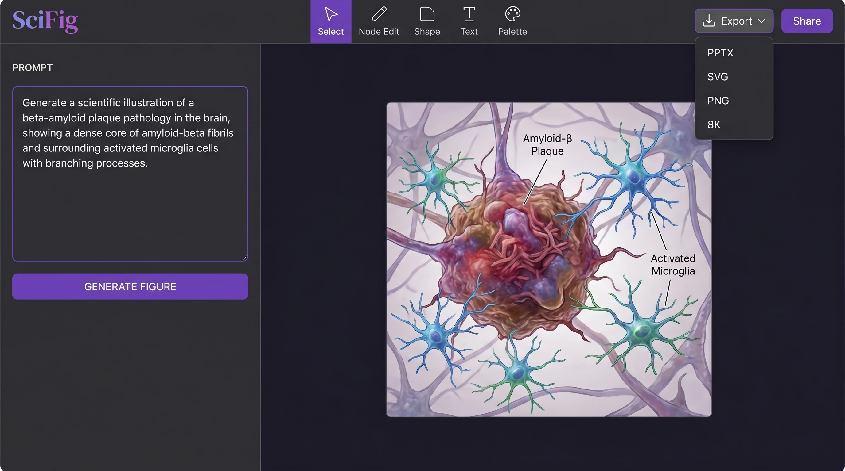 SciFig Text-to-Figure interface: amyloid plaque prompt input, rendered pathology diagram, PPTX/SVG/8K export toolbar (Figure generated with SciFig)