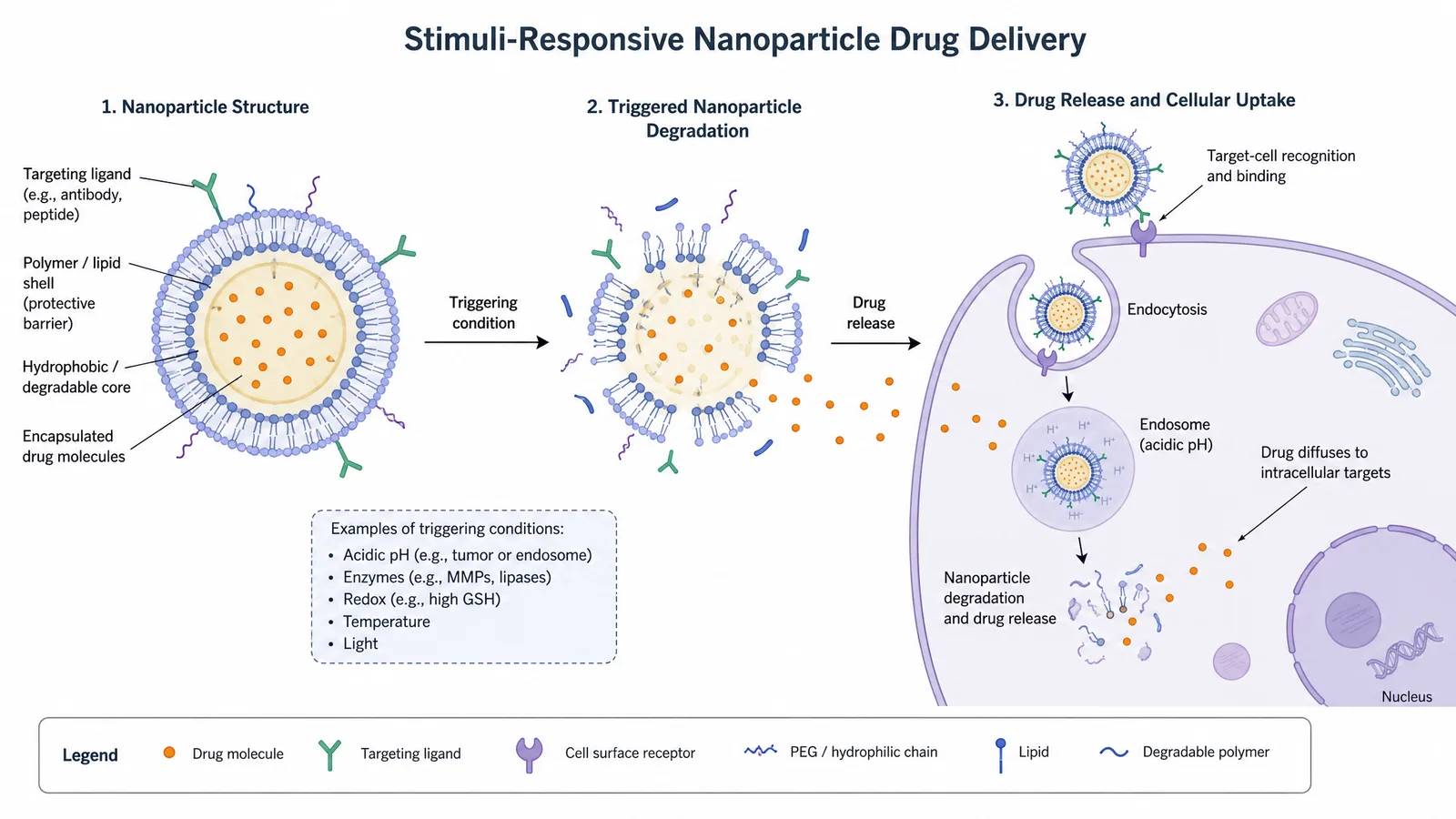 AAPS PharmSci 360 2026 nanoparticle drug-delivery mechanism figure for a formulation and delivery poster: a polymeric nanoparticle with an encapsulated drug core degrading under a pH-triggered release condition, delivering the drug into a target cell (Figure generated with SciFig)