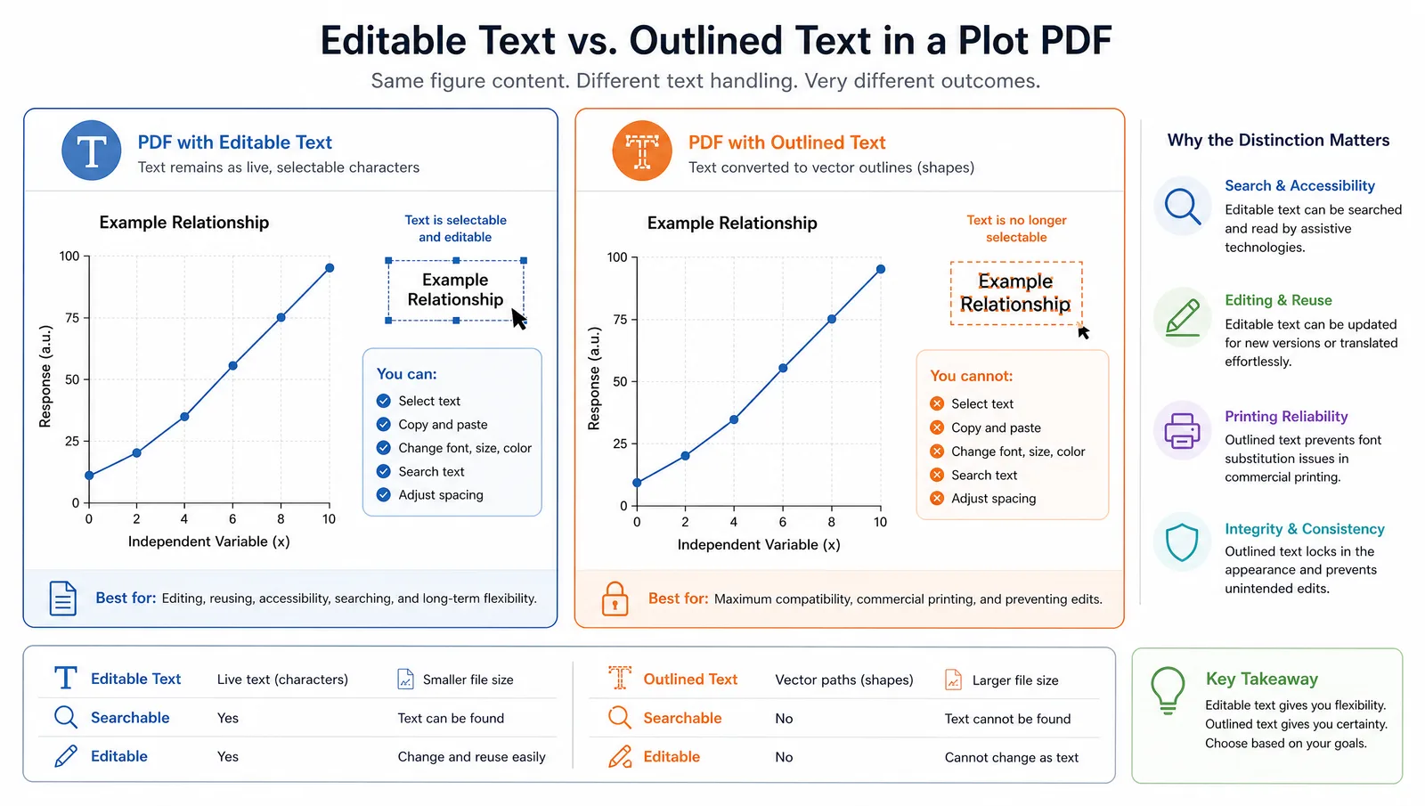 A comparison of a plot PDF opened with editable text versus one where text was converted to outlines, showing why the distinction matters (Figure generated with SciFig)