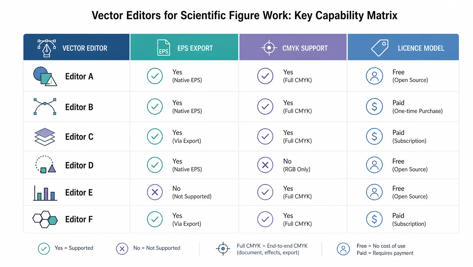 A matrix of vector editors against EPS export, CMYK support, and licence model for scientific figure work (Figure generated with SciFig)