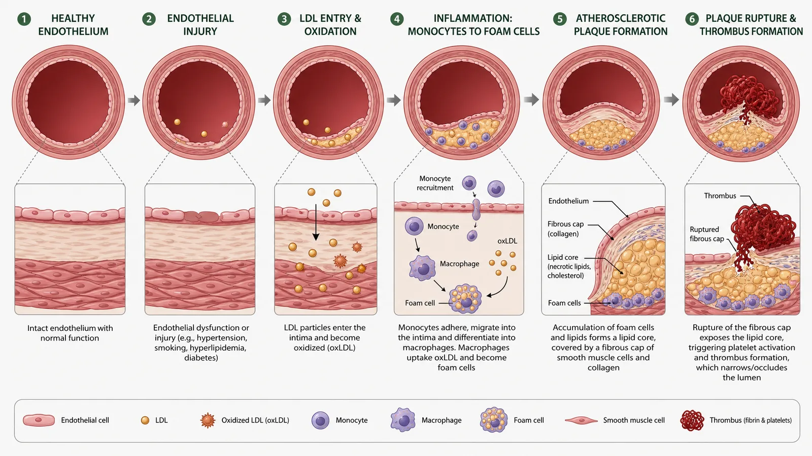 AHA Scientific Sessions 2026 atherosclerosis mechanism figure for a cardiovascular poster: endothelial injury, LDL oxidation, foam cell formation, plaque growth and rupture with thrombus, correctly ordered (Figure generated with SciFig)