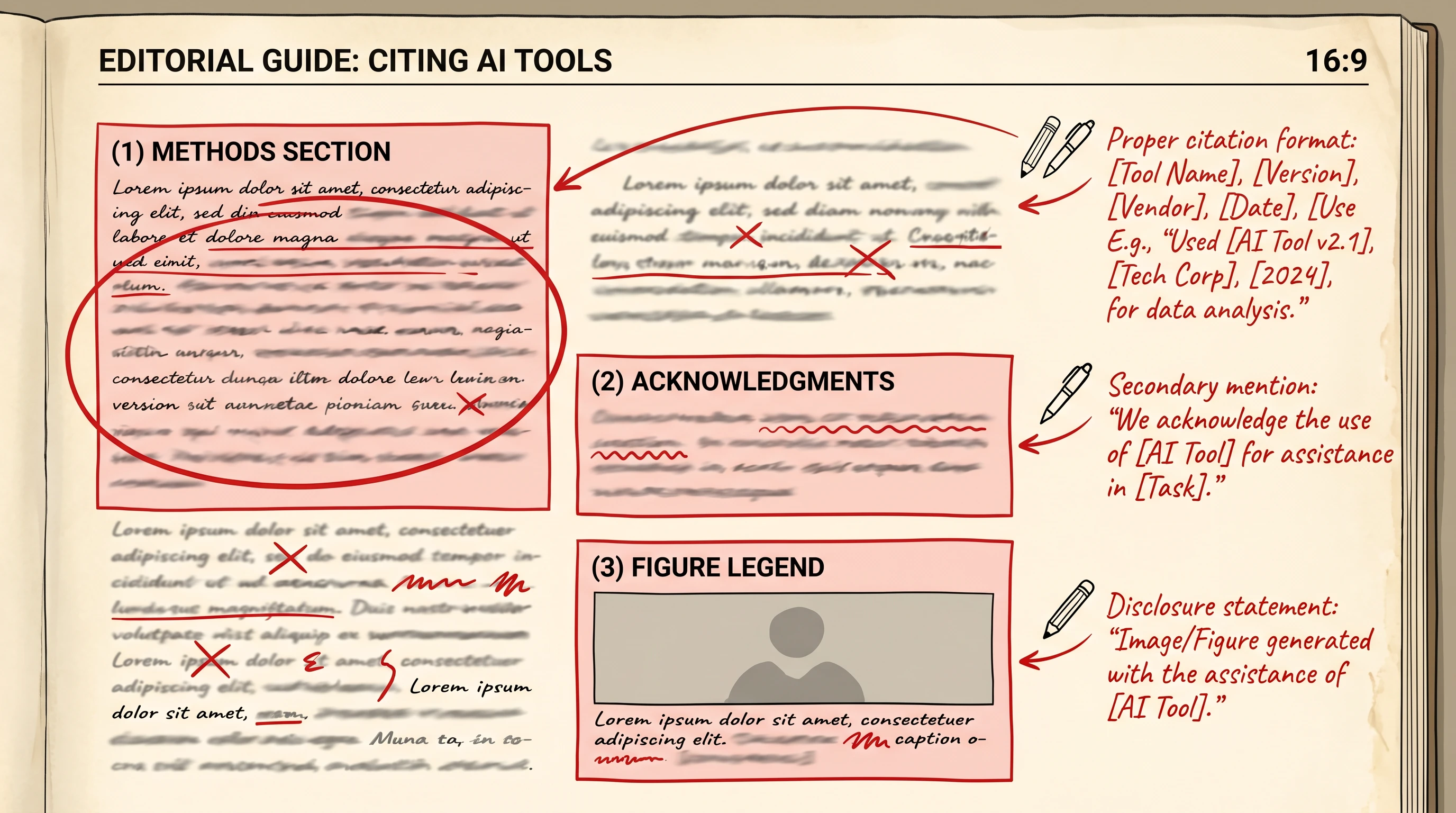 Manuscript guide showing 3 highlighted sections for AI tool citation: Methods (full citation), Acknowledgments (secondary mention), Figure legend (disclosure) (Figure generated with SciFig)