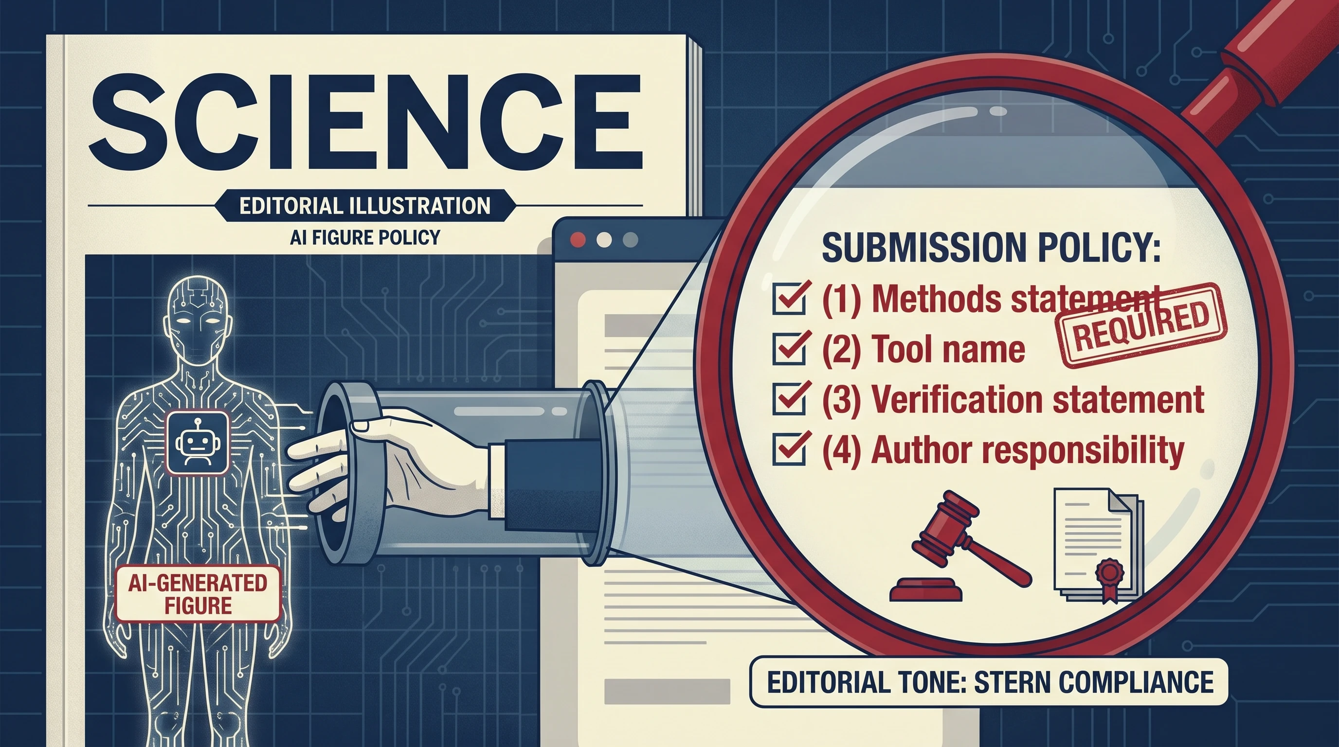 Science (AAAS) journal AI figure policy: 4 required disclosure points checklist — Methods statement, Tool name, Verification, Author responsibility (Figure generated with SciFig)