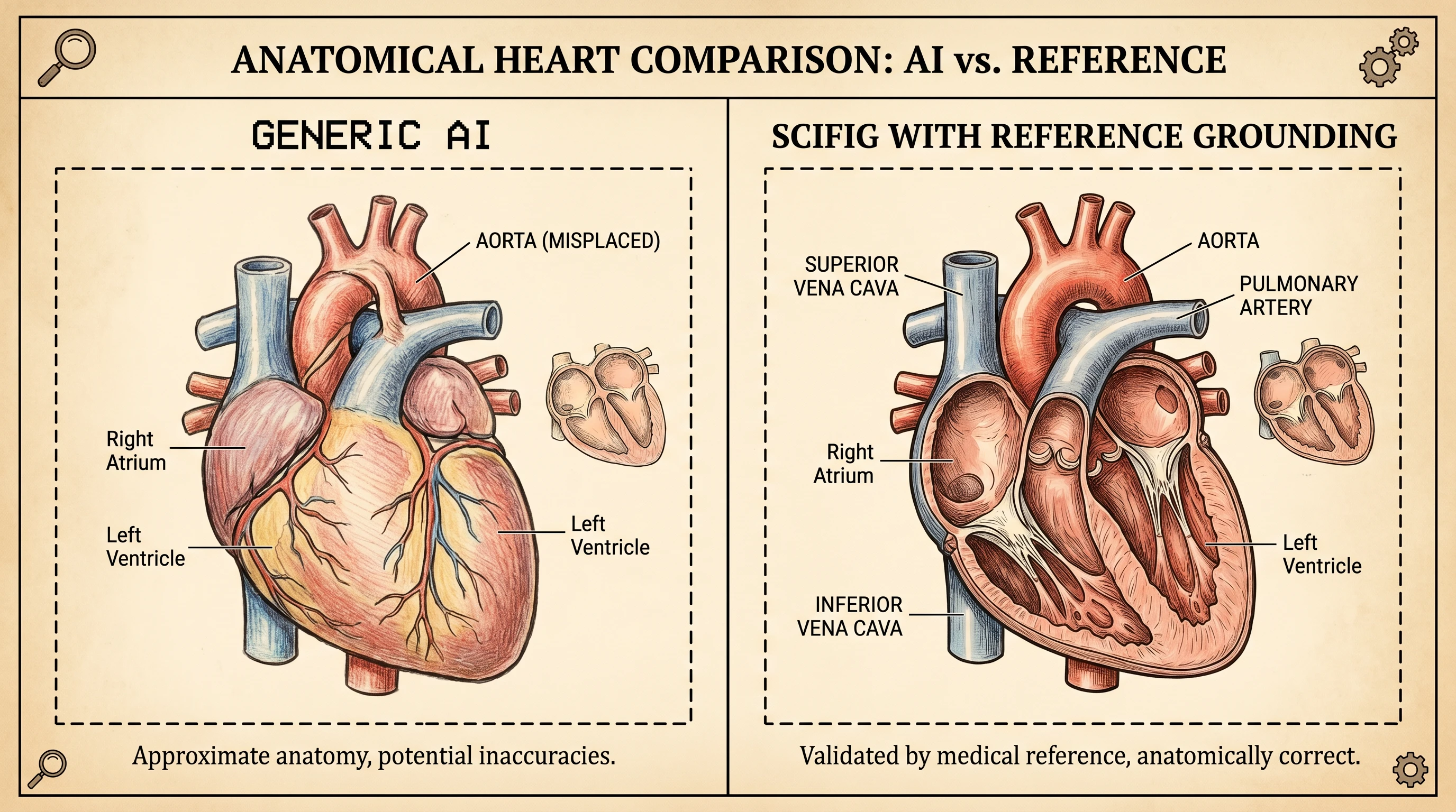Heart anatomy comparison: generic AI vs SciFig reference grounding (Figure generated with SciFig)