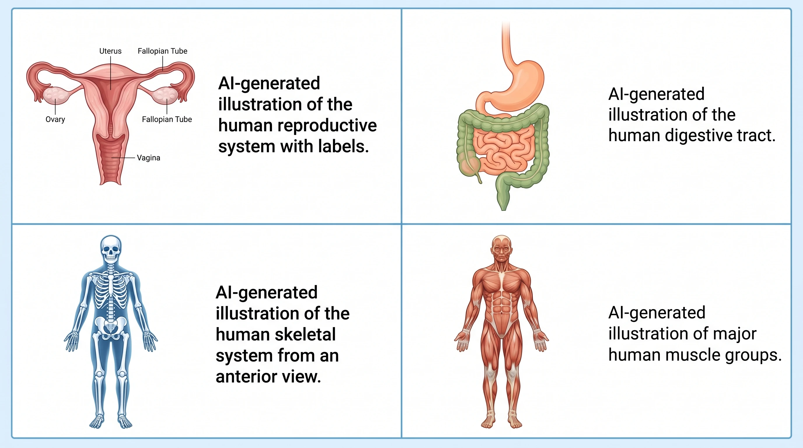 Four anatomical prompt examples with AI-generated output grid: reproductive, digestive, skeleton, muscles (Figure generated with SciFig)