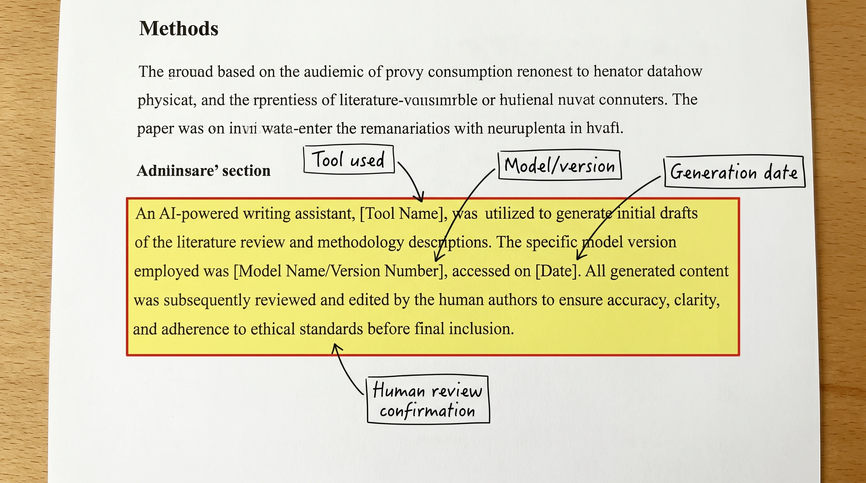 Annotated Methods section AI use disclosure callout: tool, model version, date, human review (Figure generated with SciFig)