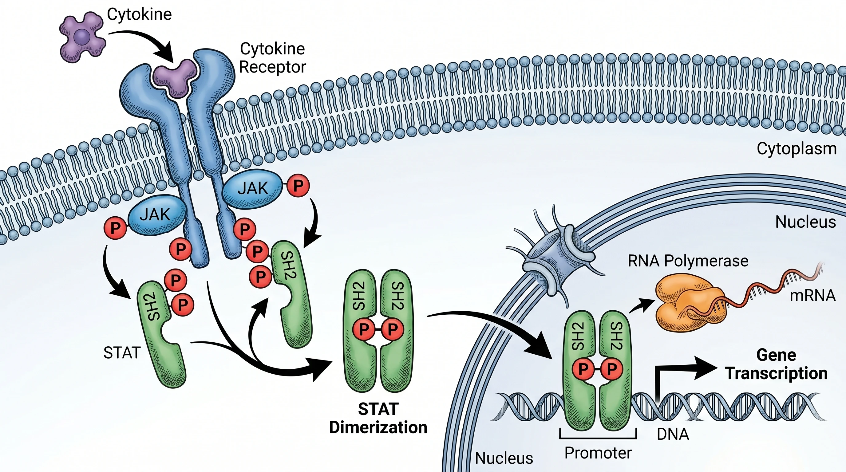 JAK/STAT signaling pathway molecular illustration with correct phosphorylation and dimerization order (Figure generated with SciFig)