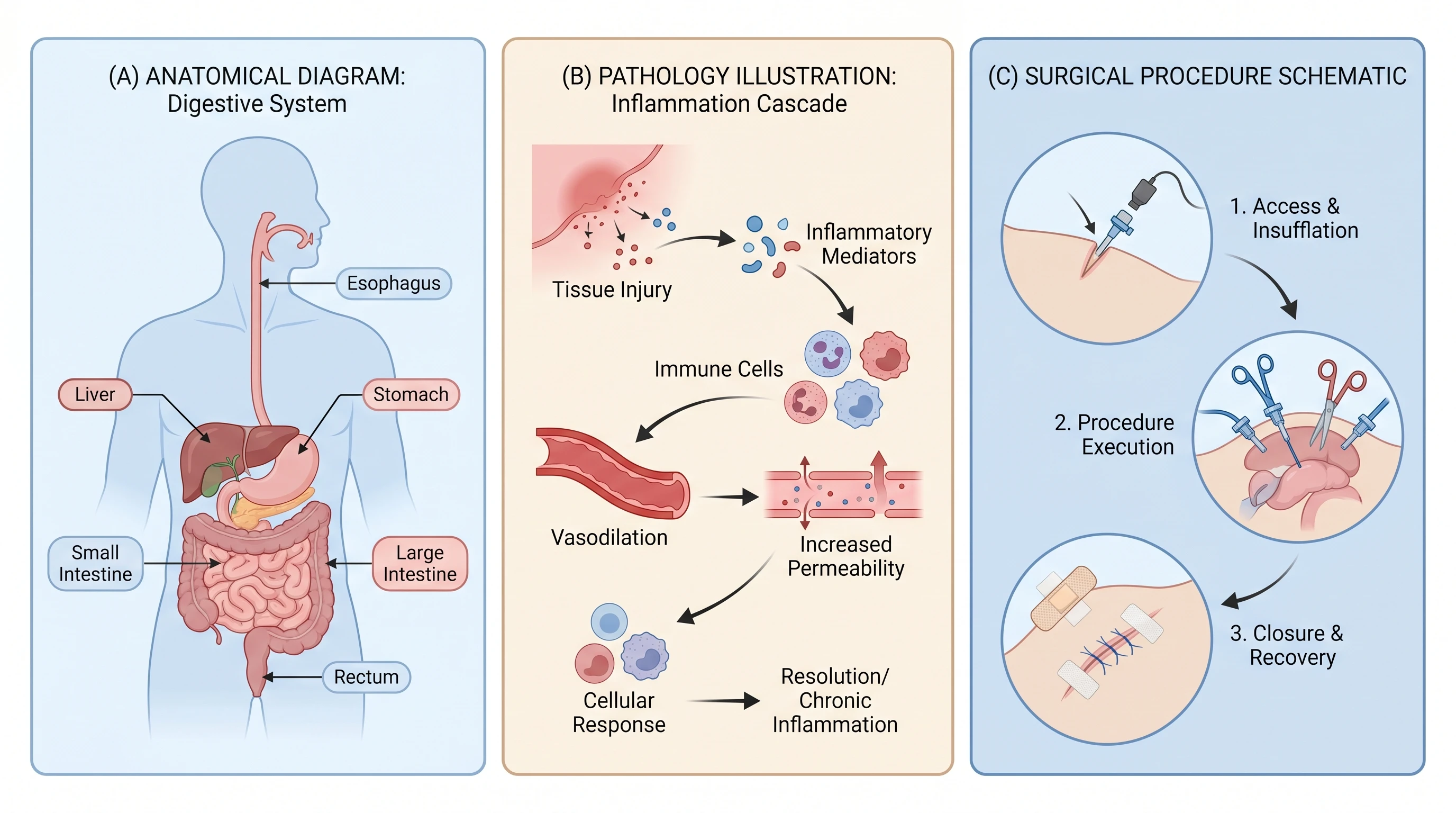 Three medical illustration types: anatomy, pathology, surgical (Figure generated with SciFig)