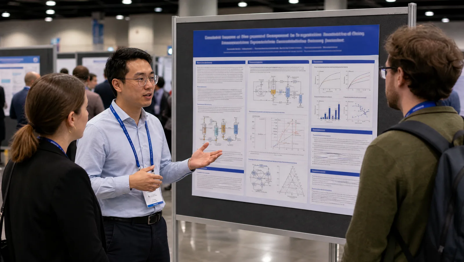 AIChE 2026 poster session: a presenter explaining a square conference poster on a display board to two attendees in a convention hall (Figure generated with SciFig)