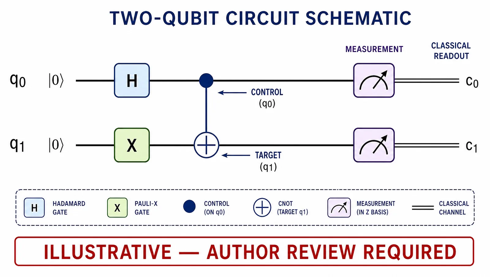 Global Physics Summit 2027 quantum circuit with two qubit wires, a controlled operation, measurement, and classical readout (Figure generated with SciFig)