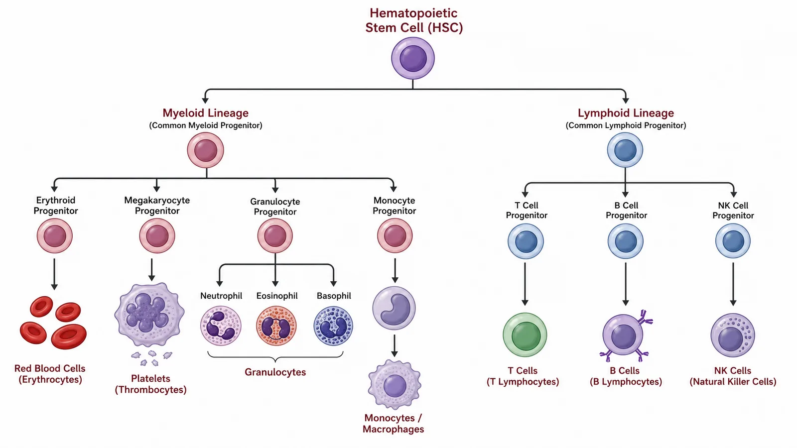 ASH 2026 hematopoiesis differentiation figure for a hematology poster: a hematopoietic stem cell branching into correctly ordered myeloid and lymphoid lineages for a blood-cell pathway diagram (Figure generated with SciFig)