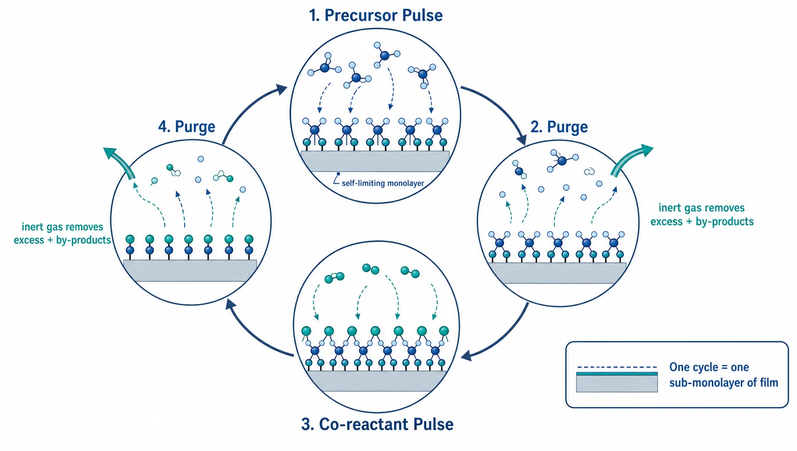 AVS 72 2026 poster figure: an atomic layer deposition cycle schematic with precursor pulse, purge, co-reactant pulse and purge as self-limiting steps (Figure generated with SciFig)
