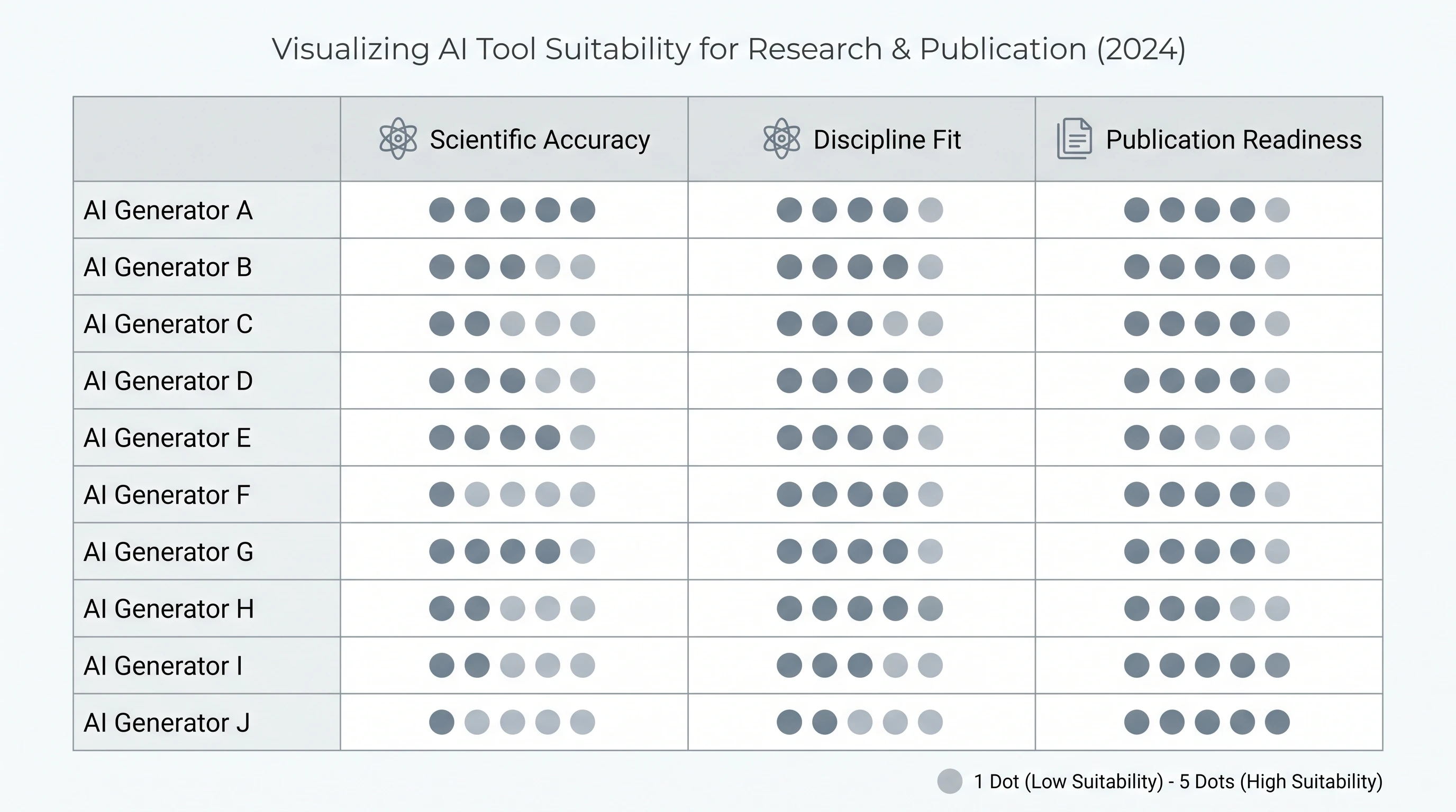 Una matrice di confronto di 10 generatori AI di immagini per la scienza valutati su accuratezza, aderenza all'ambito e prontezza per la pubblicazione (Figura generata con SciFig)