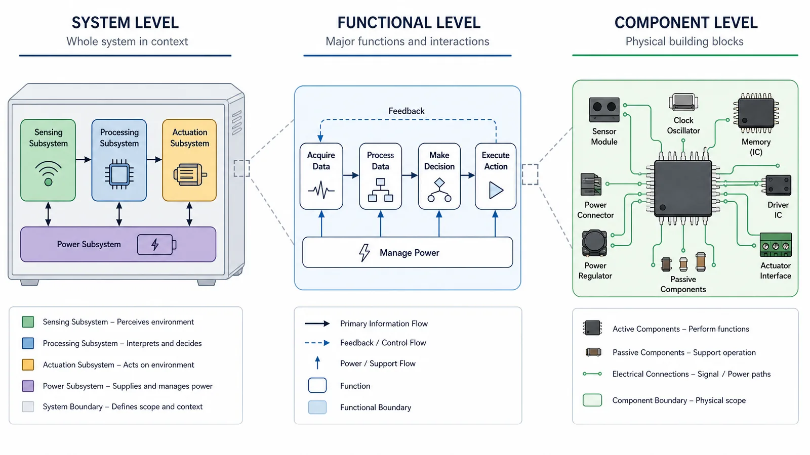 The same system drawn at system, functional, and component granularity to show consistent abstraction (Figure generated with SciFig)