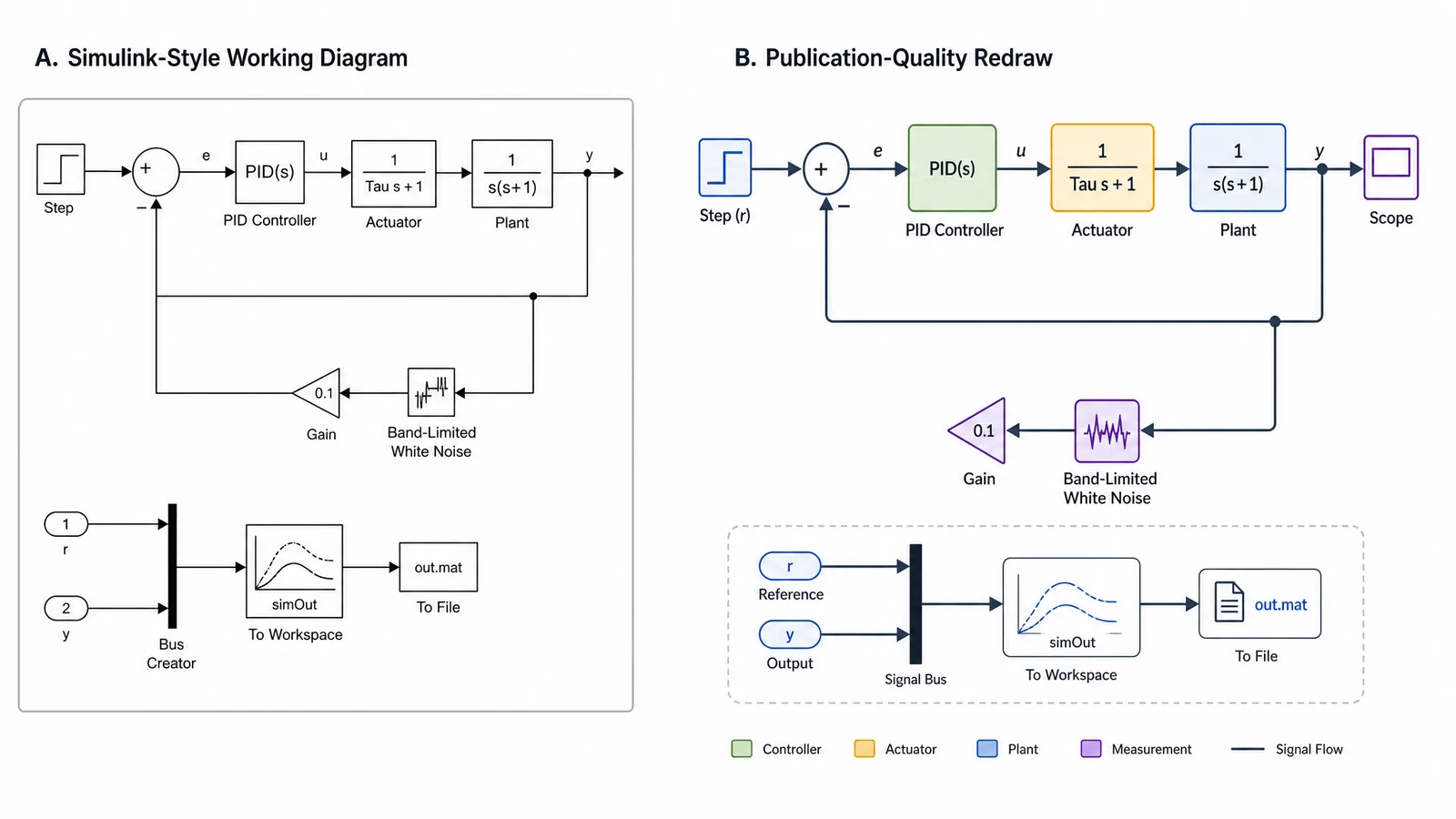 A Simulink-style working diagram beside a rebuilt publication version with consistent type and clean routing (Figure generated with SciFig)