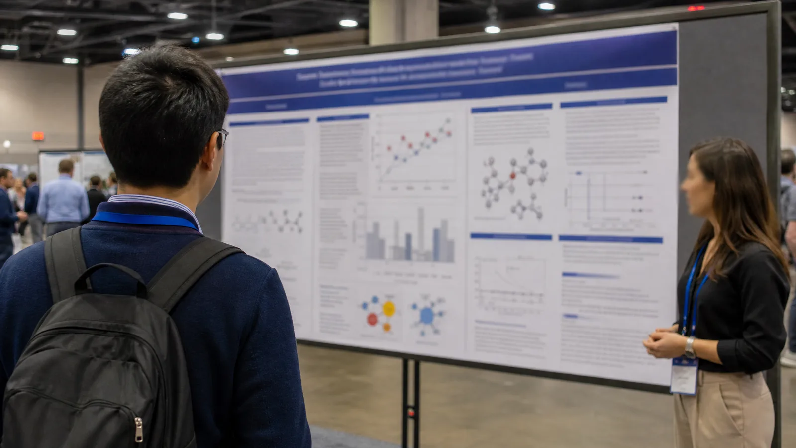 BPS 2027 poster guidelines cover showing a complete biophysics poster in a physical conference hall (Figure generated with SciFig)