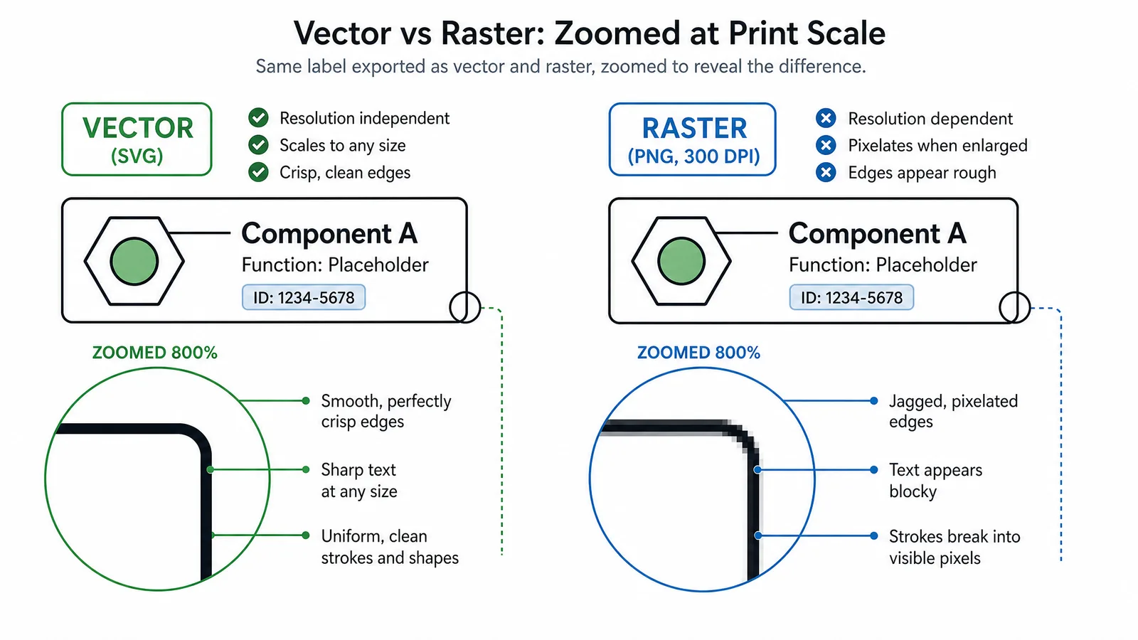 A diagram label shown exported as vector and as raster, zoomed to reveal the difference at print scale (Figure generated with SciFig)