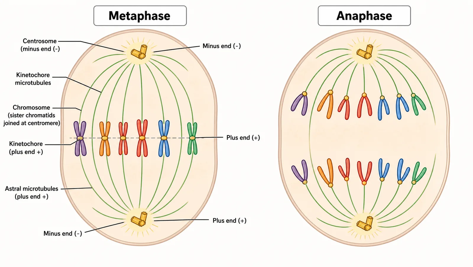 Cell Bio 2026 poster figure: a metaphase spindle with microtubule minus ends at the centrosomes and plus ends at the kinetochores, beside an anaphase panel (Figure generated with SciFig)