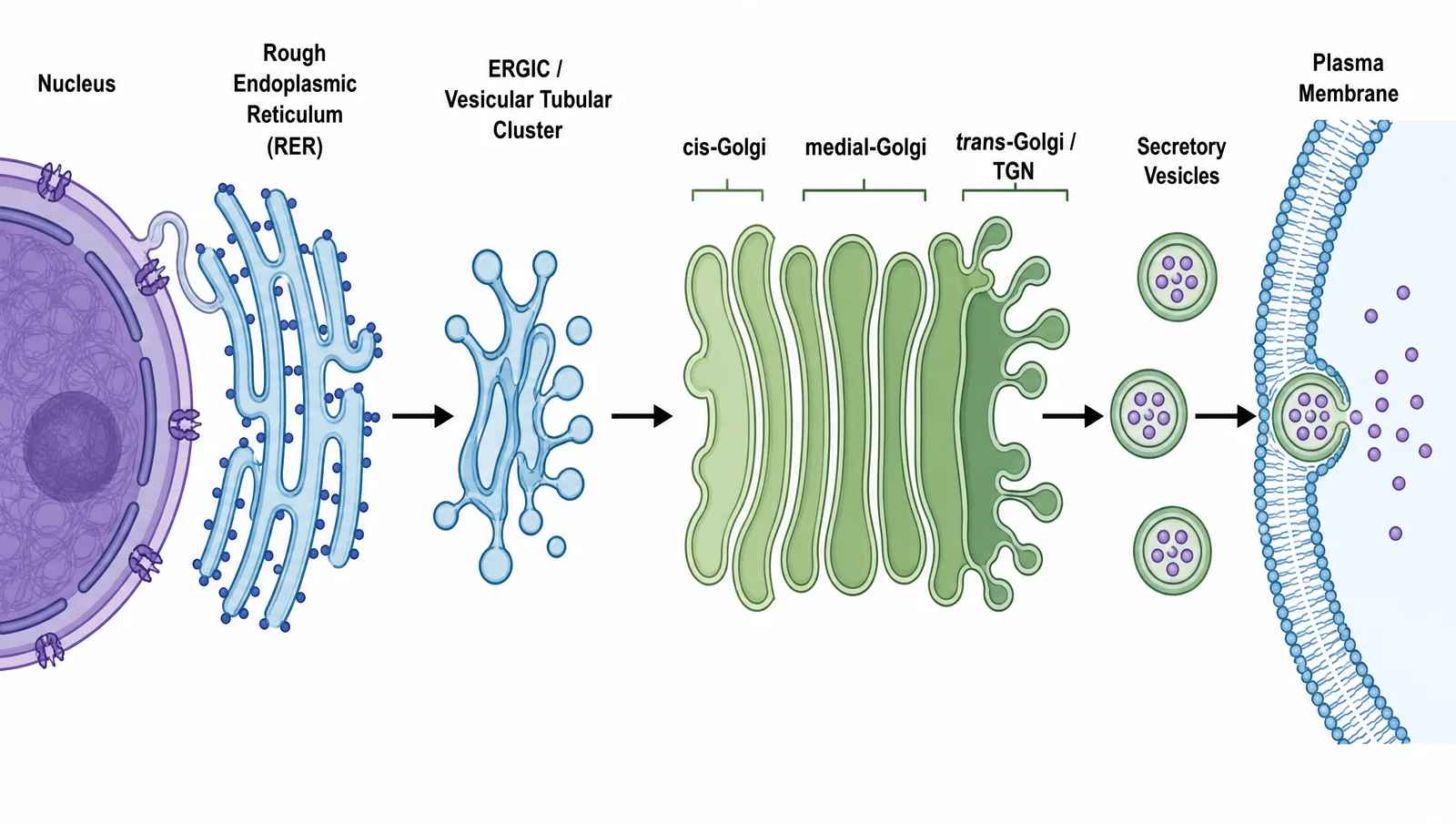 Cell Bio 2026 secretory pathway figure for a cell biology poster: rough ER to ERGIC to cis, medial and trans Golgi to secretory vesicles fusing with the plasma membrane (Figure generated with SciFig)