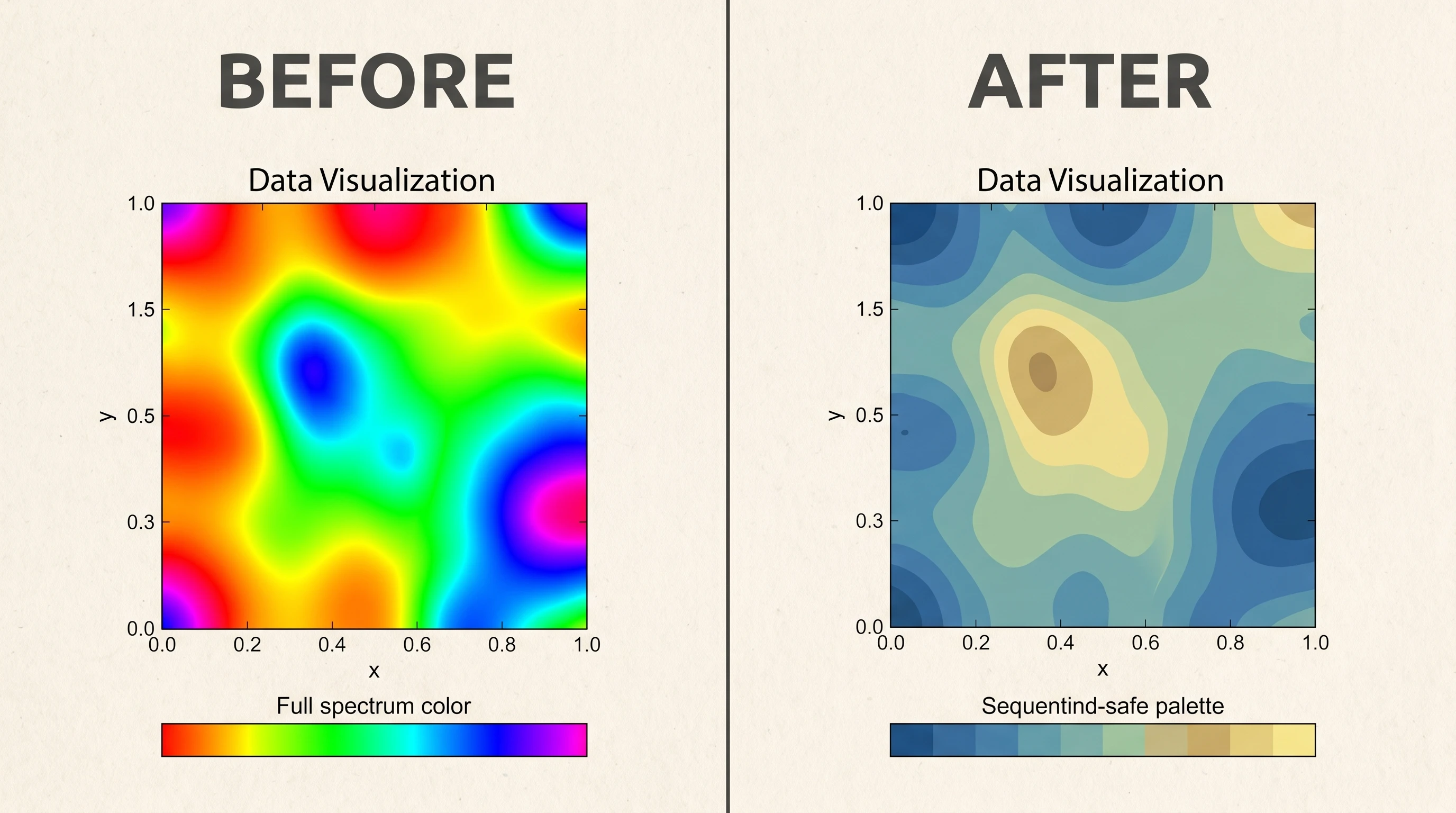 Before and after: a figure recolored from a default rainbow palette to a colorblind-safe journal palette in SciFig's figure-enhancer (Figure generated with SciFig)