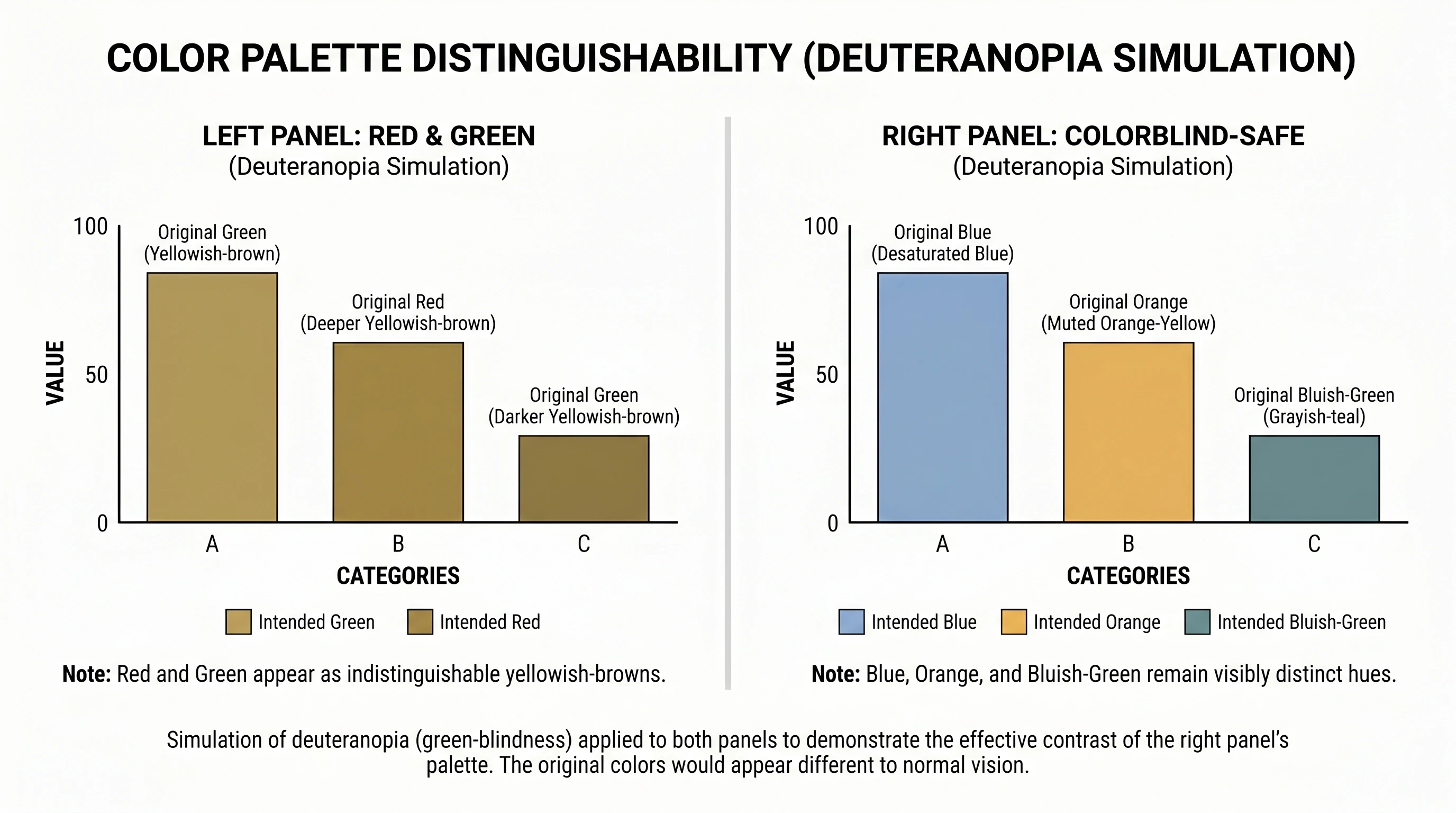 A figure shown twice — red-green encoding versus Okabe-Ito palette — each simulated under deuteranopia to show which stays readable (Figure generated with SciFig)