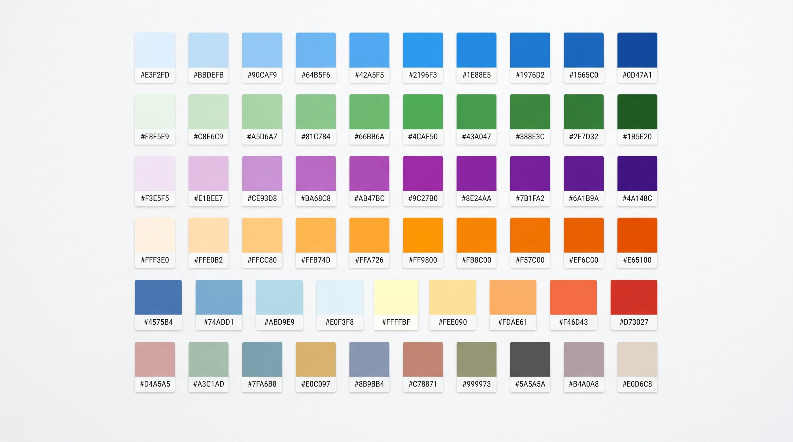 A grid of scientific color palette swatches with HEX values, spanning sequential, diverging, and categorical schemes (Figure generated with SciFig)
