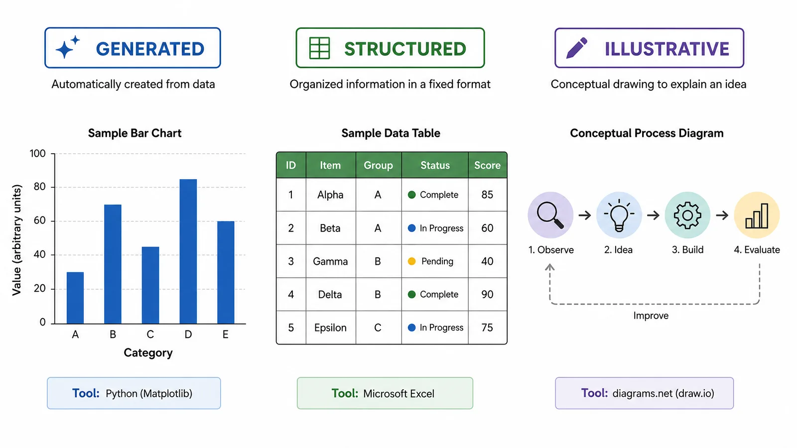 One diagram from each category — generated, structured, and illustrative — with the tool used labelled (Figure generated with SciFig)