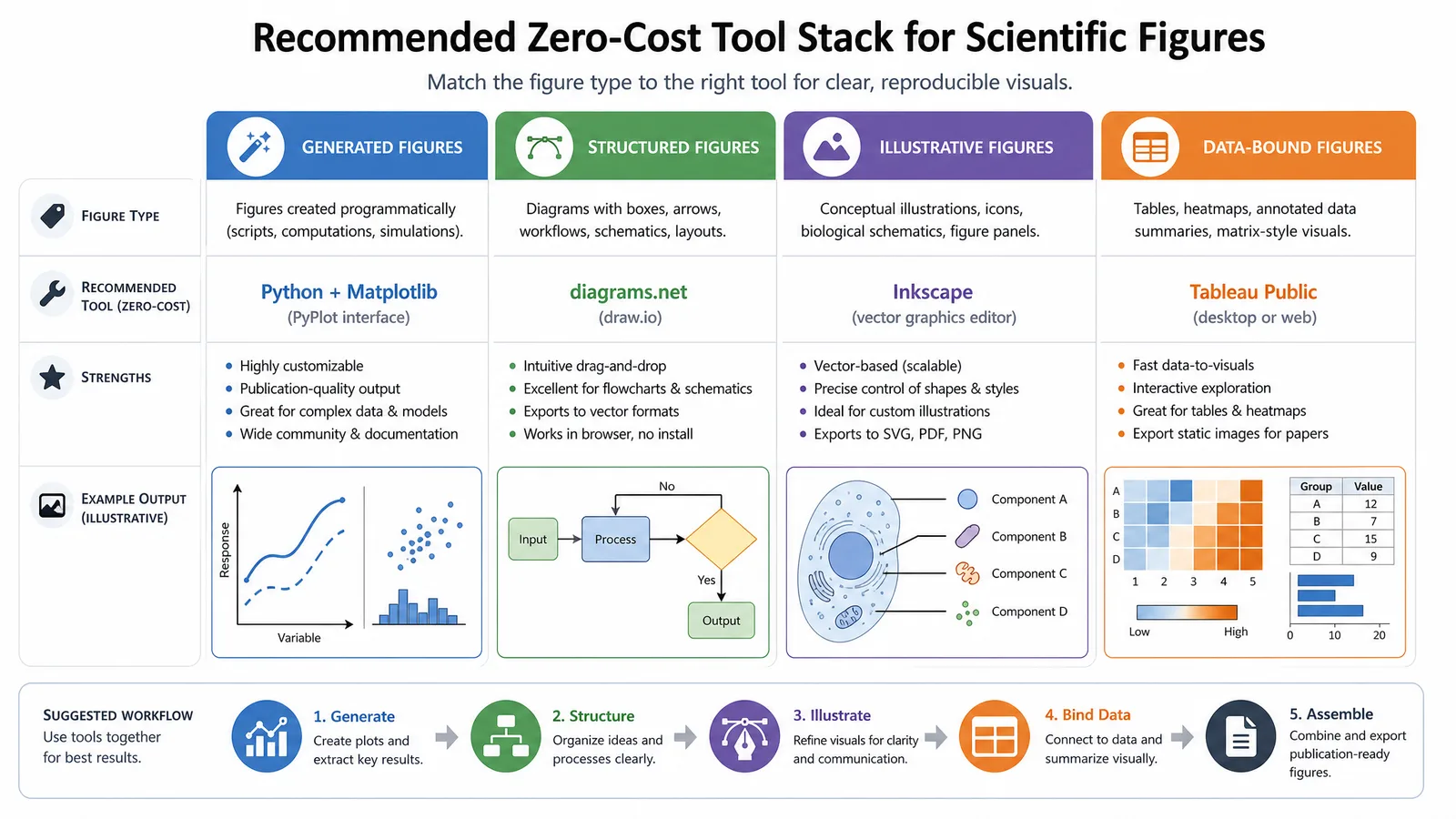 A recommended zero-cost tool stack showing which tool handles generated, structured, illustrative, and data-bound figures (Figure generated with SciFig)