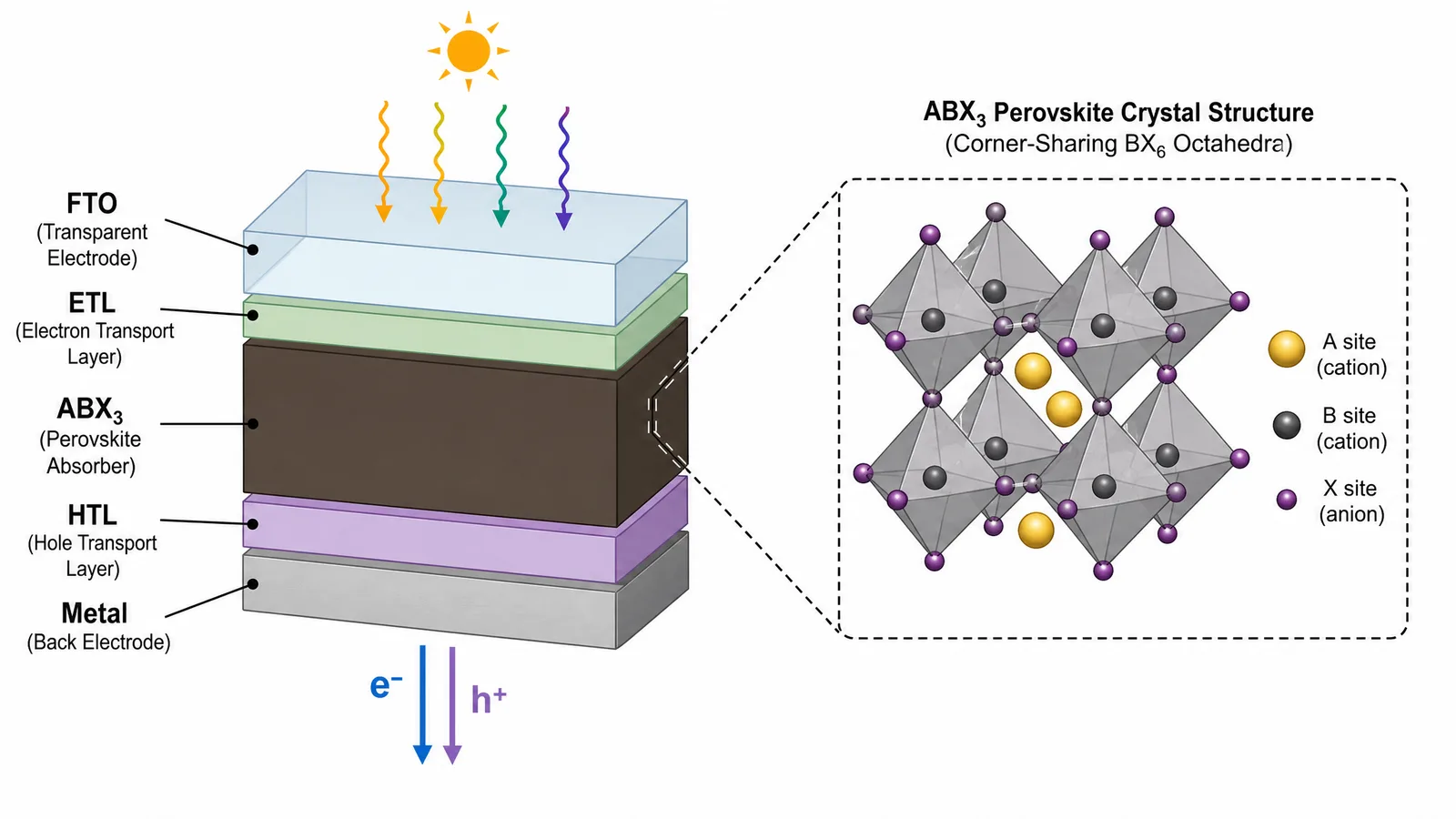 E-MRS Fall 2026 device and crystal structure figure for a materials science poster: a perovskite solar cell layer stack with a magnified BX6 octahedral crystal unit cell inset showing correct coordination geometry (Figure generated with SciFig)