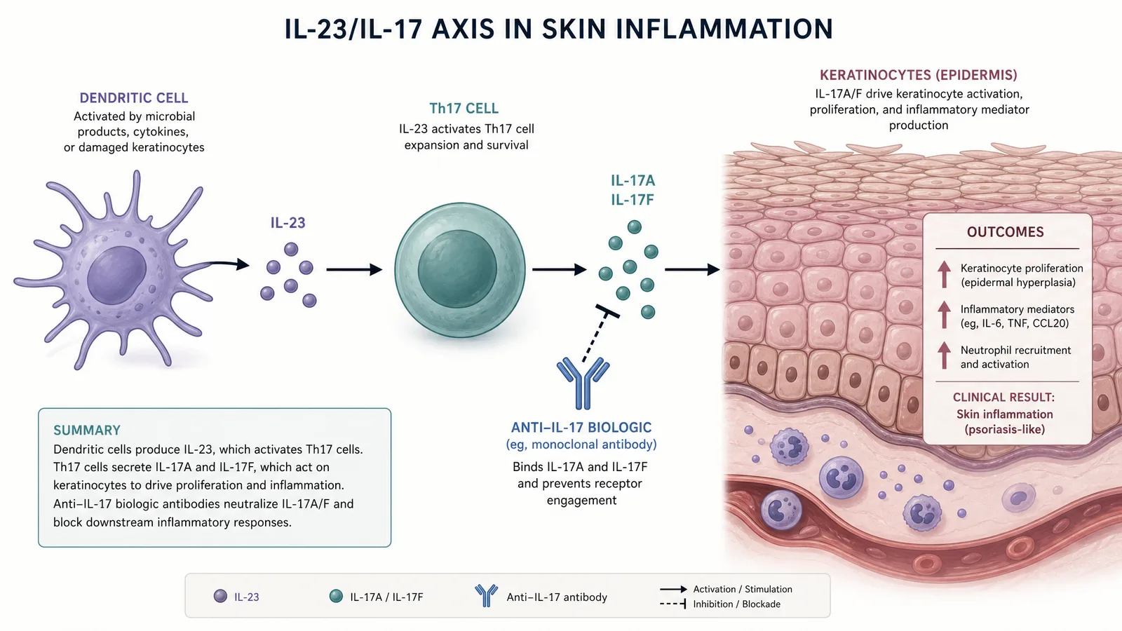EADV 2026 IL-23/IL-17 immune pathway figure for a dermatology ePoster: Th17 activation, IL-23 driving IL-17A/F release, keratinocyte inflammation, and the target of an IL-17 or IL-23 biologic (Figure generated with SciFig)