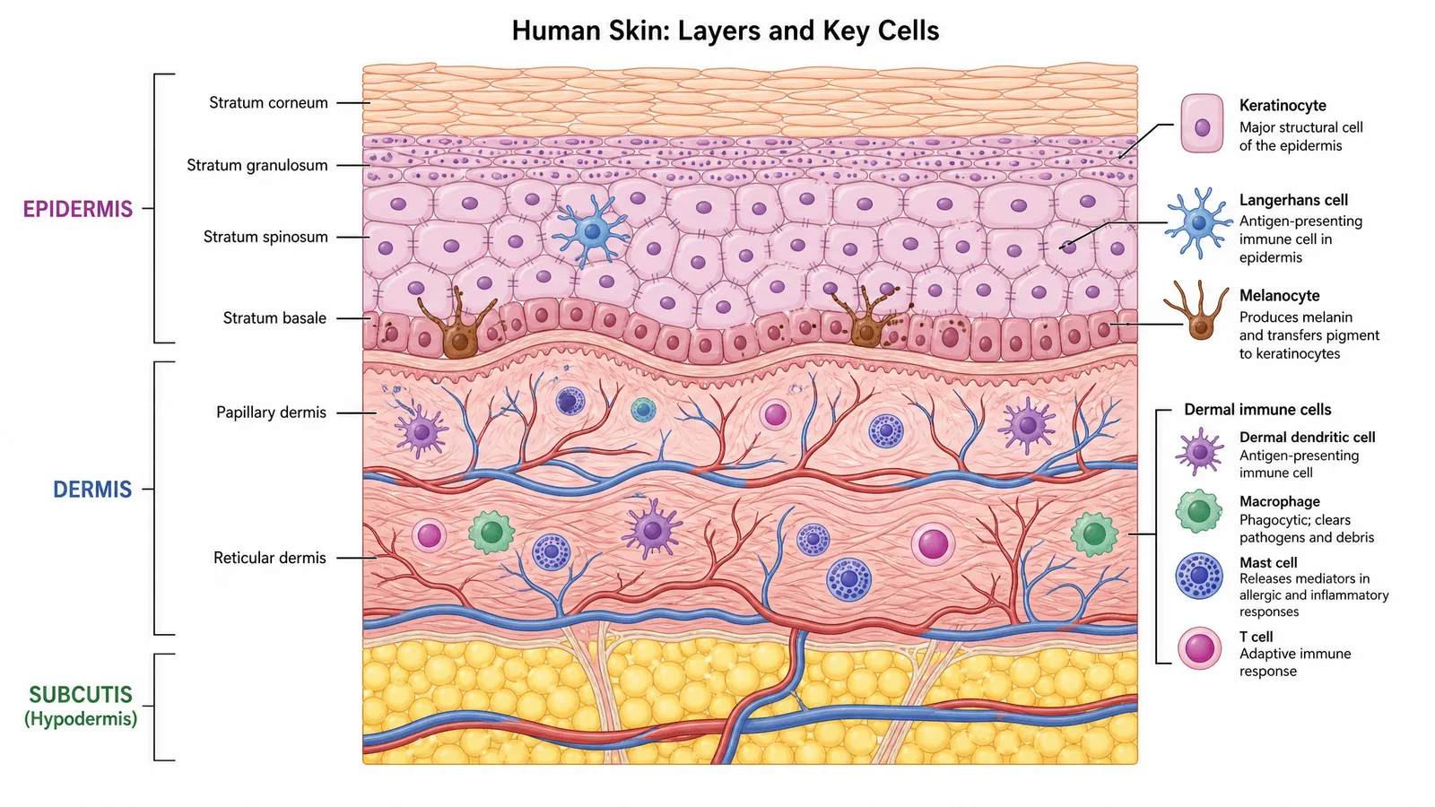 EADV 2026 skin cross-section anatomy figure for a dermatology ePoster: epidermal layers, dermis, and key cells including keratinocytes, Langerhans cells, and melanocytes for a skin barrier or pathology poster (Figure generated with SciFig)
