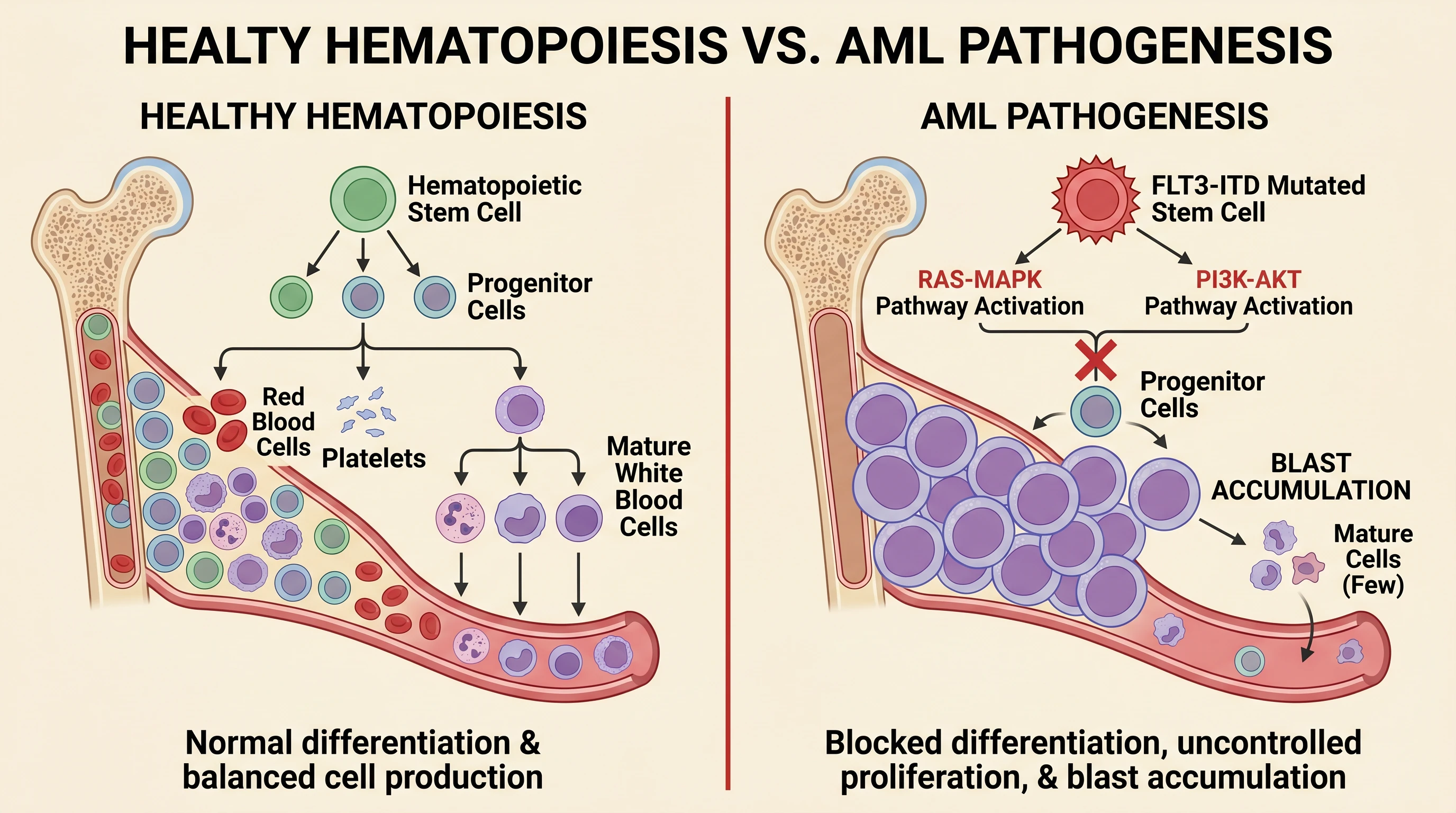 AML mechanism: FLT3-ITD activates RAS-MAPK and PI3K-AKT, blocks myeloid differentiation, vs healthy hematopoiesis (Figure generated with SciFig)