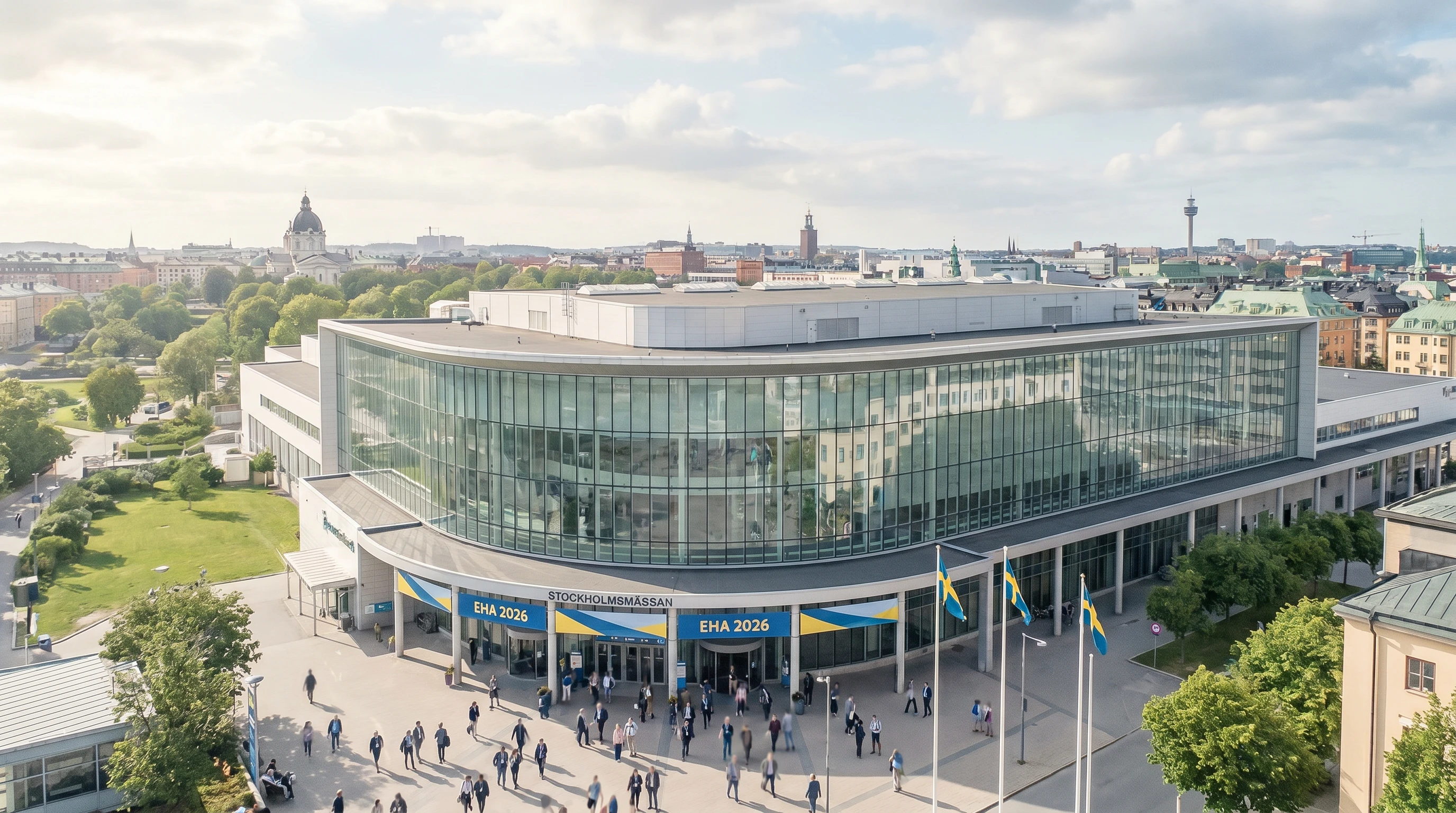EHA 2026 venue overview: aerial view of Stockholm International Fairs glass facade with attendees in lanyards, Sweden blue-yellow accents (Figure generated with SciFig)
