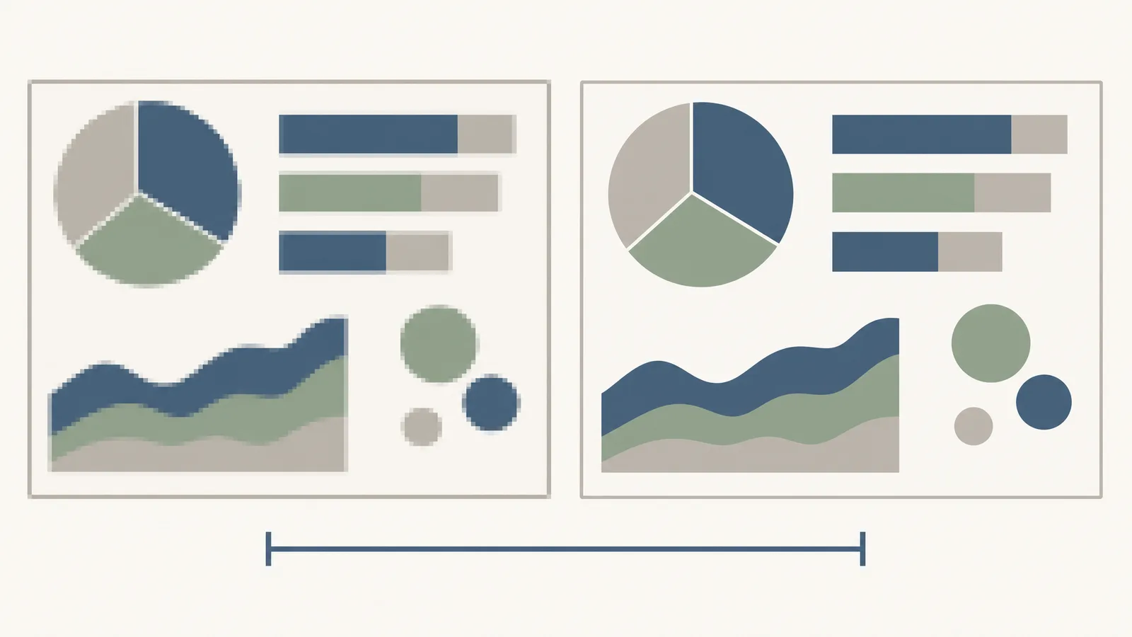 A pixelated low-resolution chart panel beside a crisp version, with a bar beneath showing eLife's minimum figure width (illustration generated with SciFig)