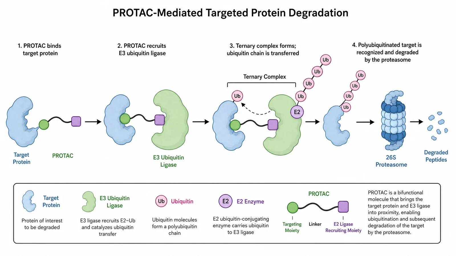 EMBO Chemical Biology 2026 PROTAC degradation mechanism figure for a chemical biology poster or slide: a bifunctional small molecule bridging a target protein and an E3 ubiquitin ligase into a ternary complex, with ubiquitin chain and proteasome labeled (Figure generated with SciFig)