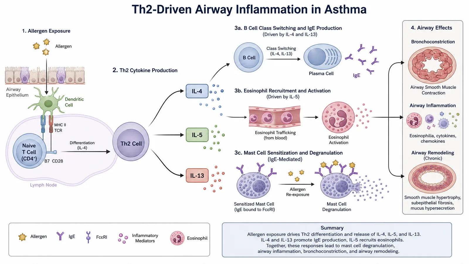 ERS Congress 2026 asthma Th2 airway inflammation pathway figure for a respiratory medicine poster: allergen-driven Th2 cell differentiation releasing IL-4, IL-5, and IL-13, driving IgE class switching, eosinophil recruitment, and airway smooth-muscle remodeling (Figure generated with SciFig)
