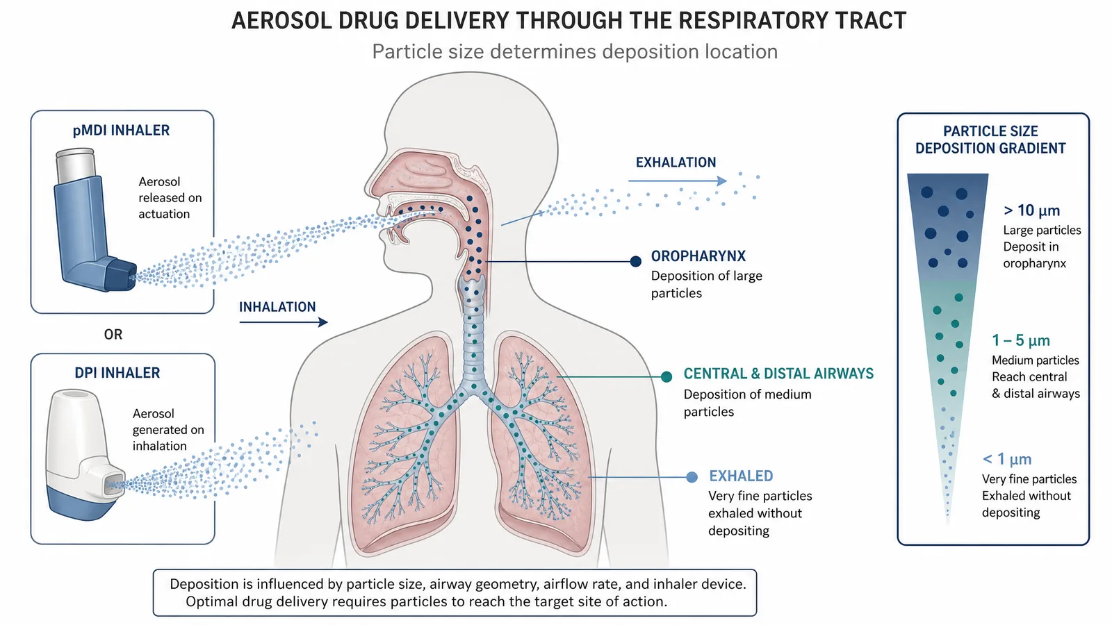 ERS Congress 2026 inhaler aerosol drug delivery figure for a respiratory poster or slide: pMDI and DPI devices with a particle-size deposition gradient from oropharynx through central airways to distal lung regions (Figure generated with SciFig)
