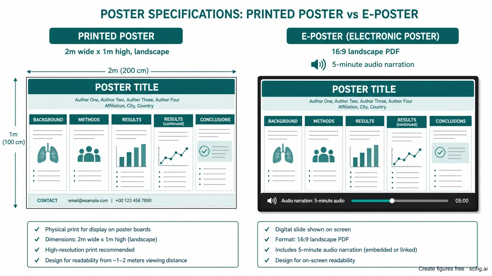 ERS Congress 2026 poster and e-poster specifications: 2 meter by 1 meter landscape printed poster alongside a 16:9 e-poster layout with title bar, author row, and methods-results-conclusion panels (Figure generated with SciFig)
