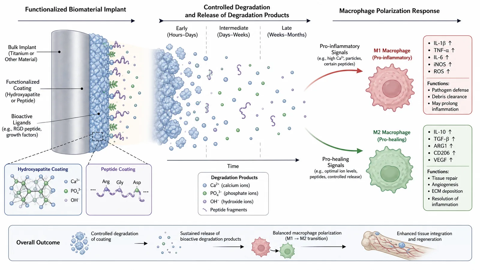 ESB 2026 biomaterial surface functionalization figure for a tissue engineering poster or slide: hydroxyapatite-coated implant surface with a controlled degradation pathway releasing byproducts and correctly labeled M1/M2 macrophage response at the interface (Figure generated with SciFig)
