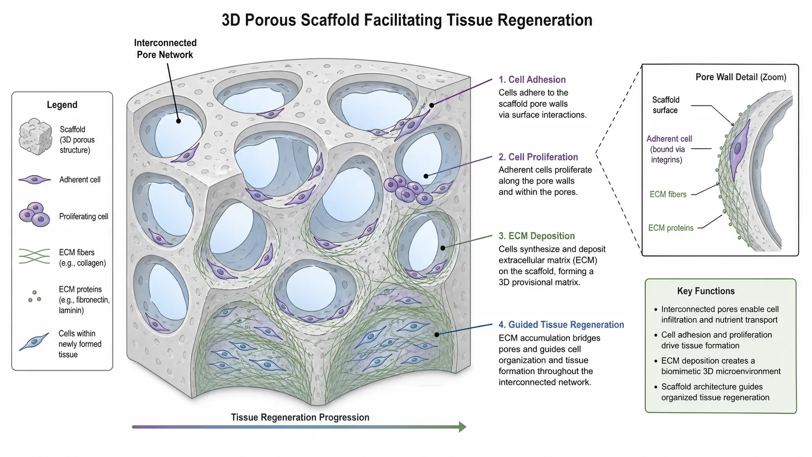 ESB 2026 tissue engineering scaffold figure for a biomaterials poster: 3D porous scaffold cross-section showing cell adhesion, proliferation, and extracellular matrix deposition guiding tissue regeneration (Figure generated with SciFig)