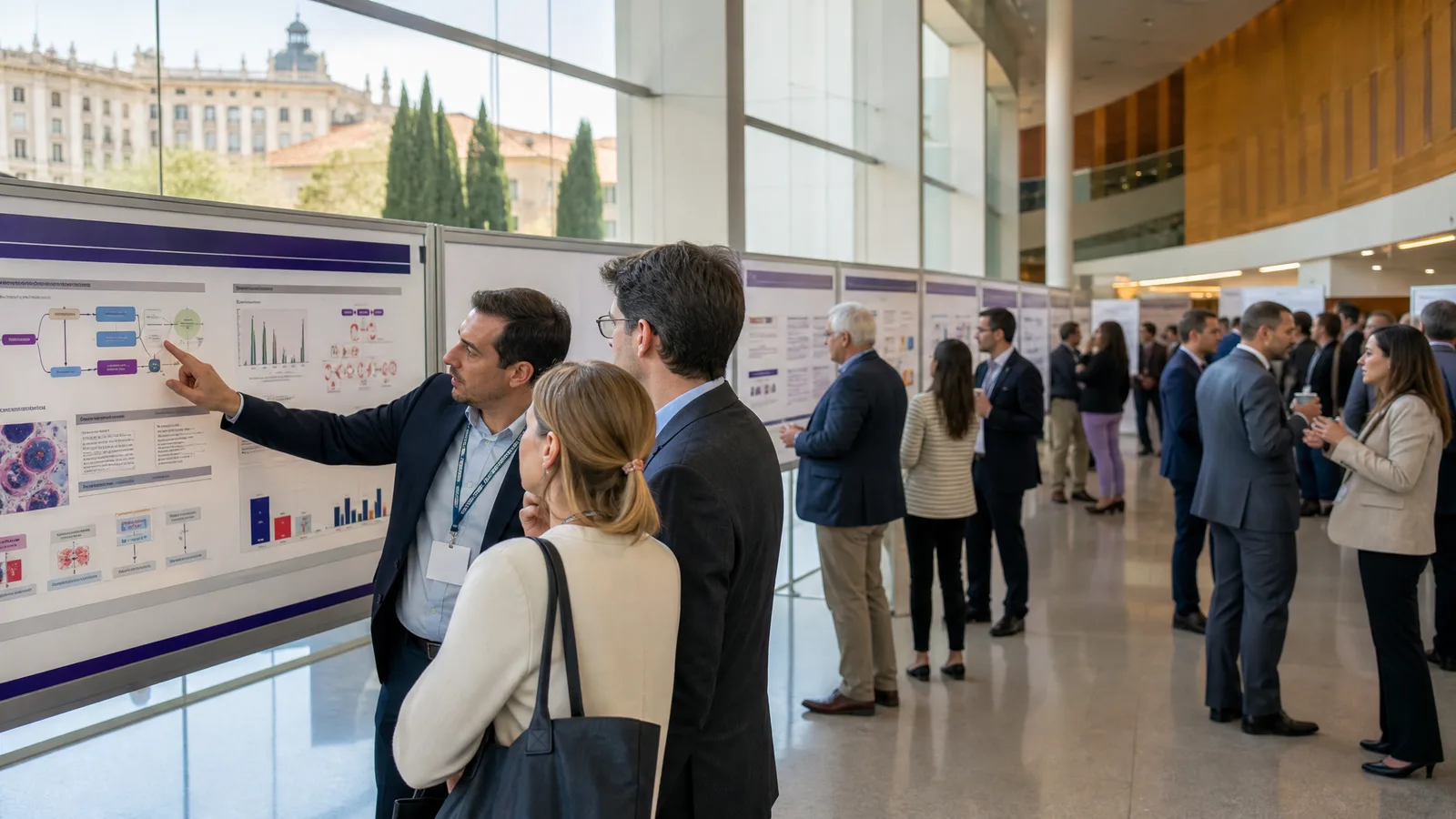 ESMO Congress 2026 oncology poster session at IFEMA Madrid: rows of landscape posters and presentations, delegates discussing trial schema and drug MOA figures (Figure generated with SciFig)