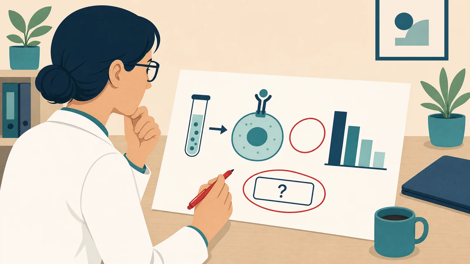 A scientist checking an AI-generated graphical abstract with a red pen, circling a missing arrow and an empty label box before submission (Figure generated with SciFig)