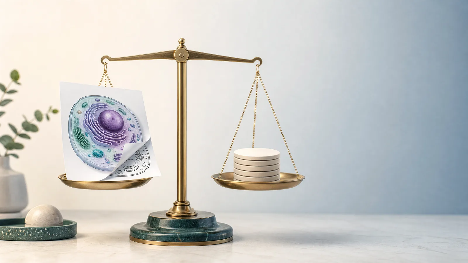 A balance scale weighing a printed AI-made cell illustration, its corner peeling back to show a vector layer, against a stack of blank credit tokens (Figure generated with SciFig)