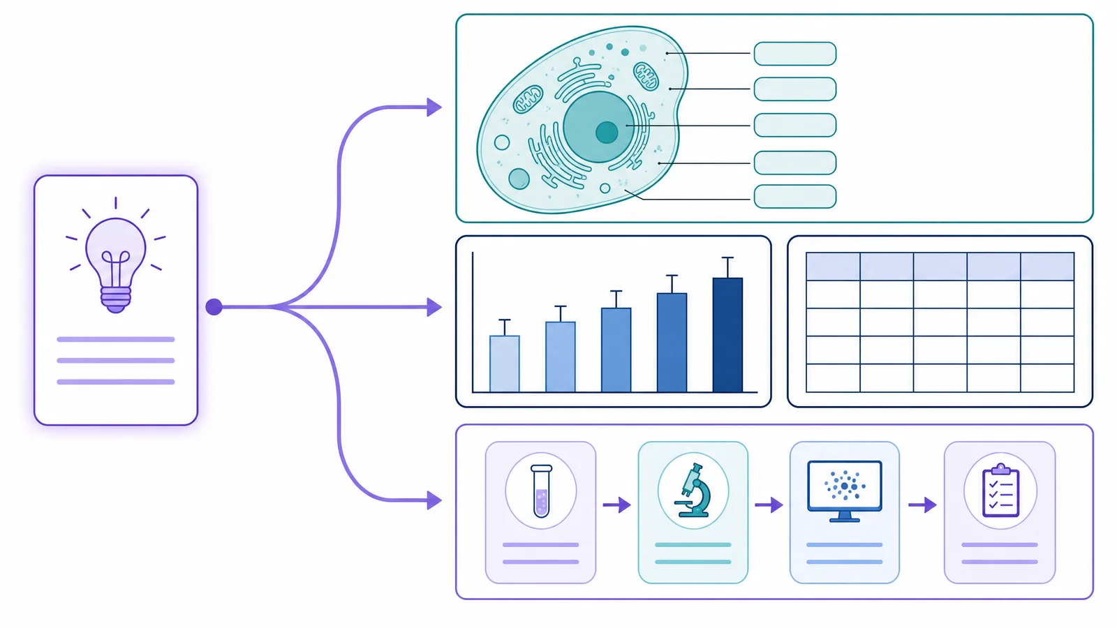 One research idea flowing three ways: into a cell illustration with label callouts, a bar chart beside its data table, and a four-step study workflow diagram (Figure generated with SciFig)